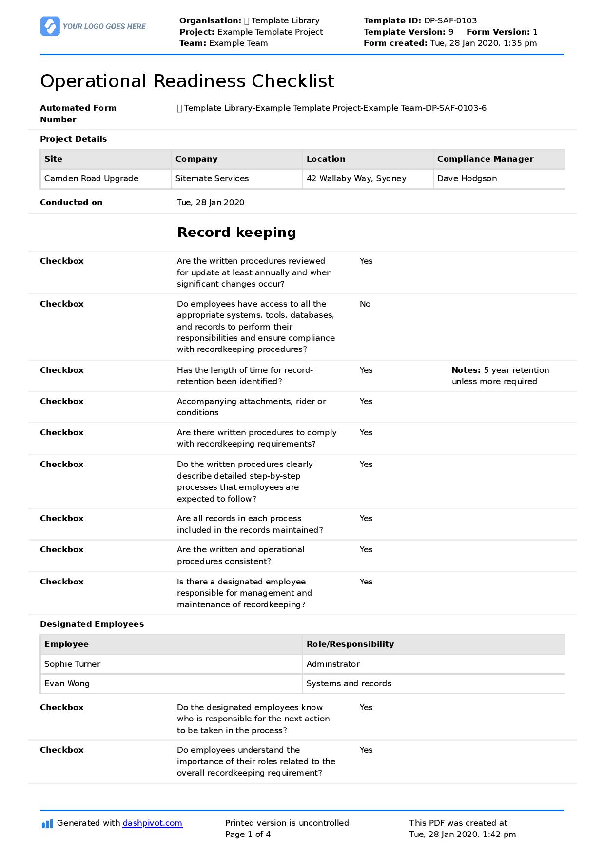 Operational Readiness Template: Use to Checklist Plan Review