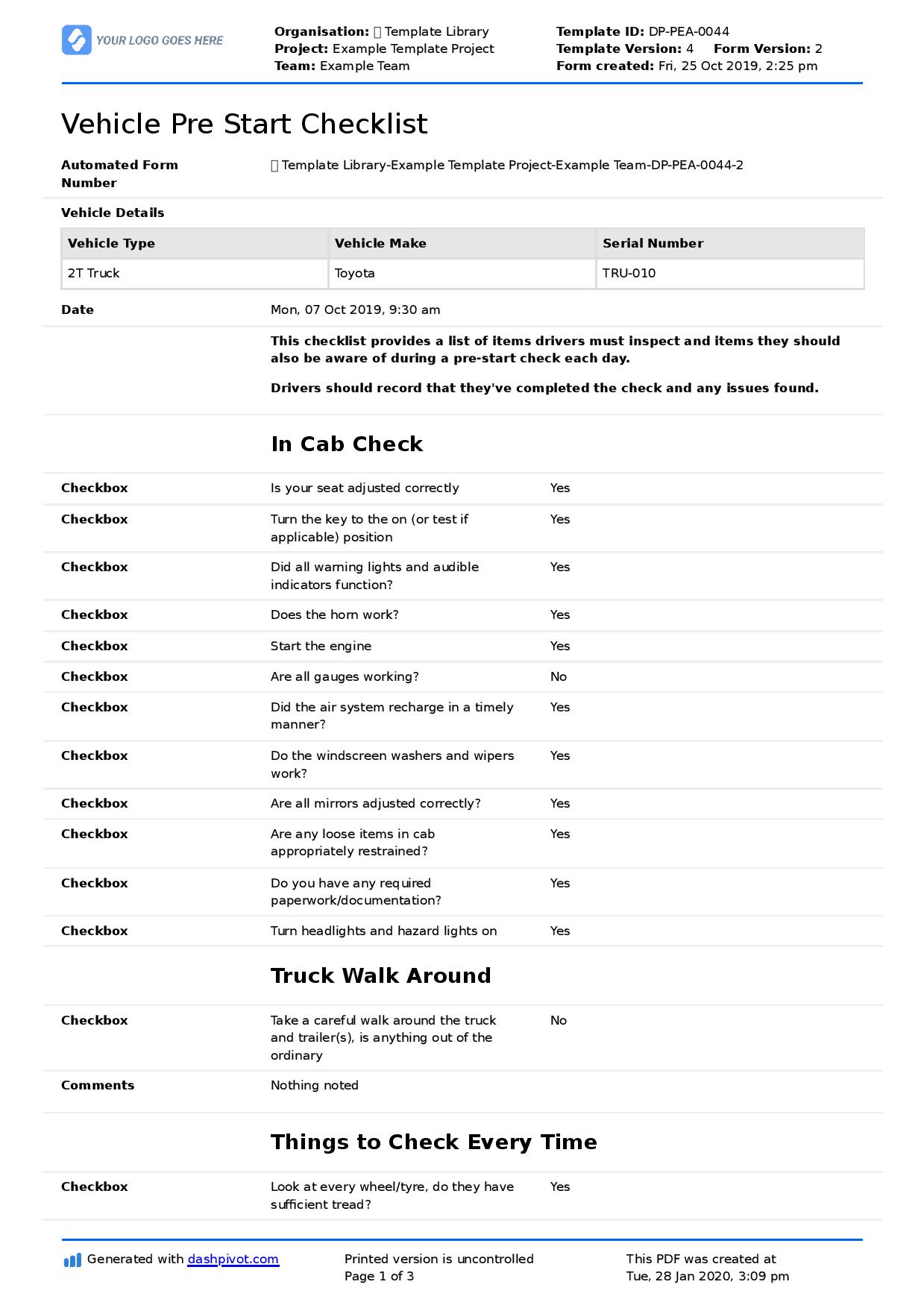 Daily Pre Start Checklist