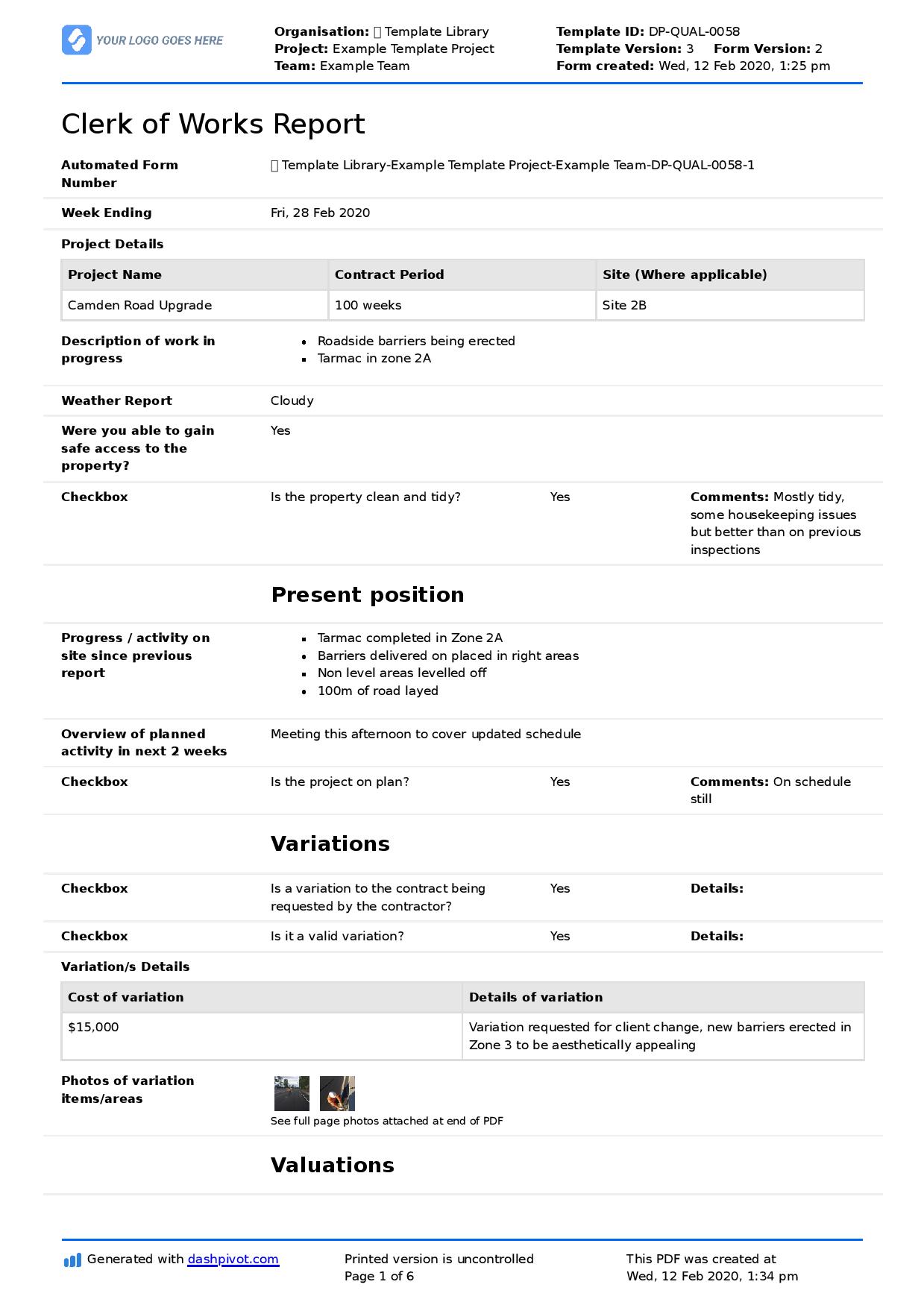 Clerk of Works Report template (Weekly, monthly, project report form)