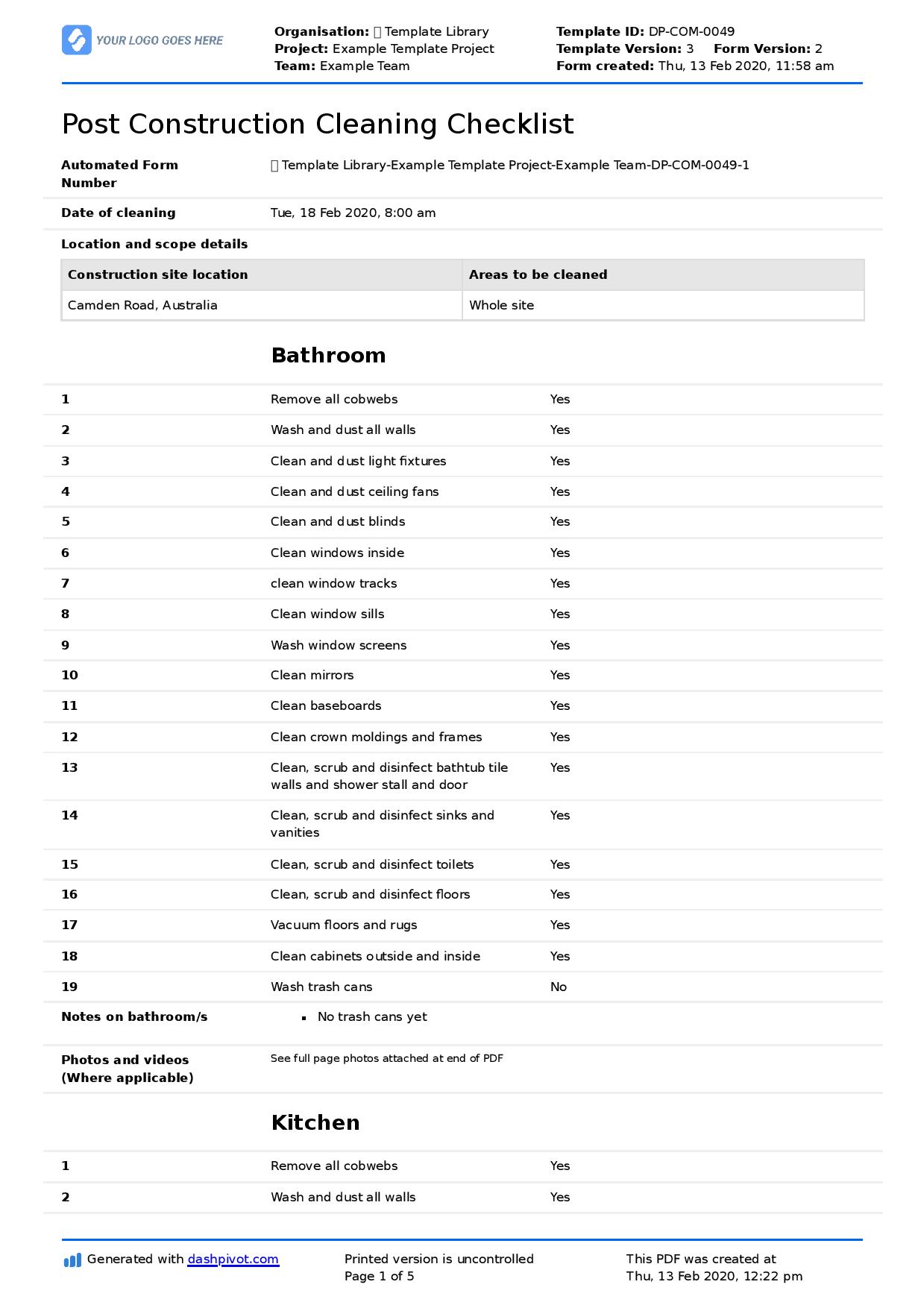 Post Construction Cleaning Checklist Pdf