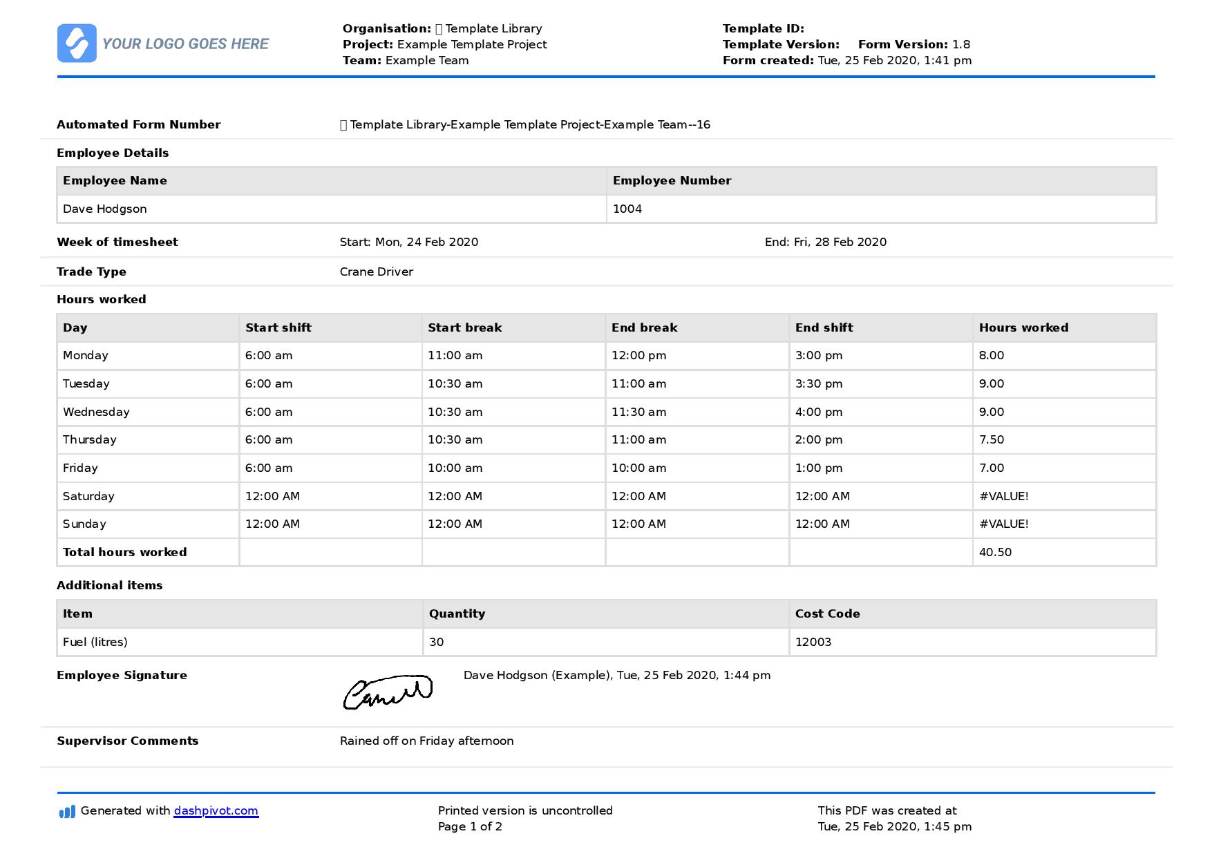 Construction Timesheet Template Excel