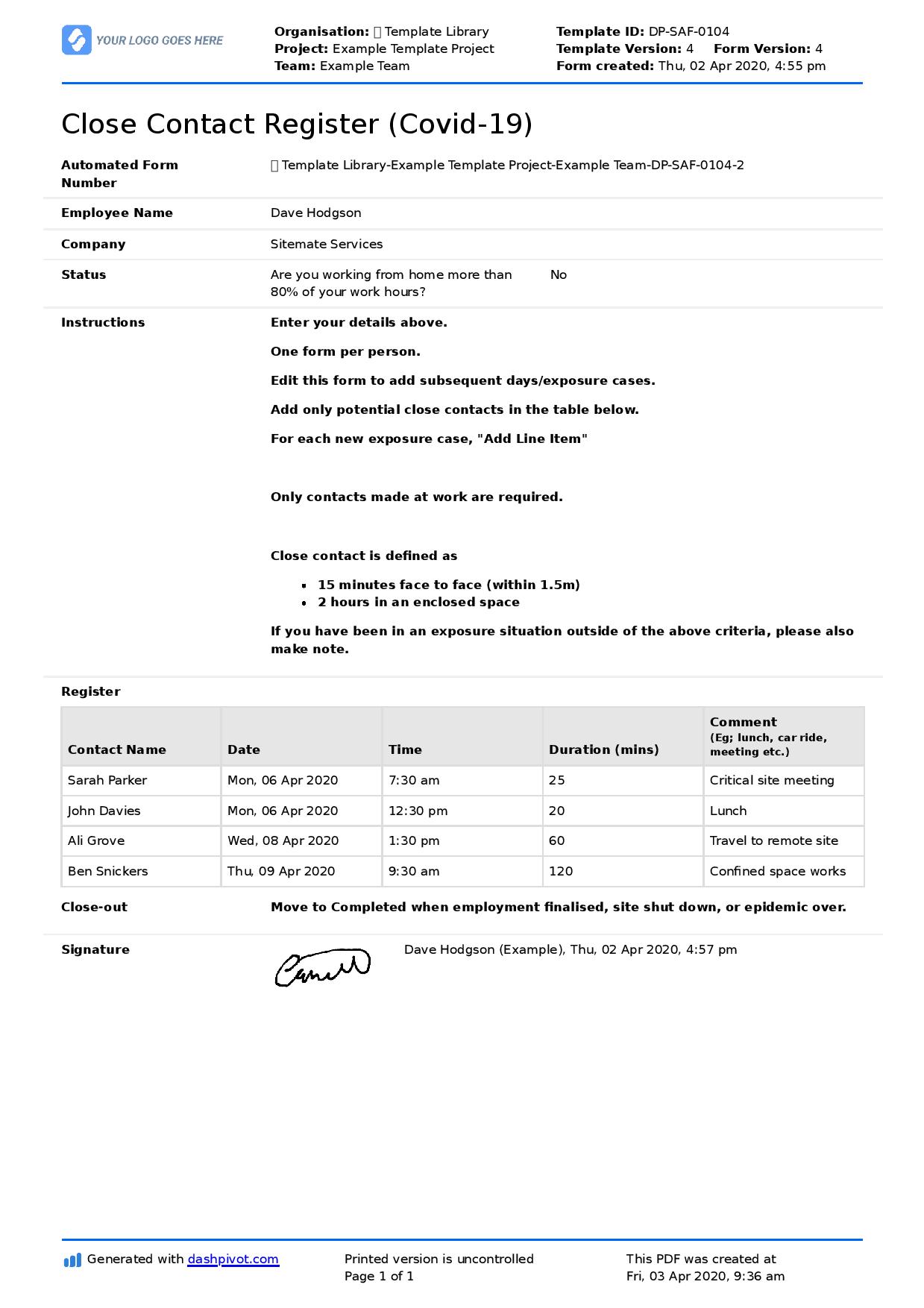 Close Contact Register for Covid19 (Free template)