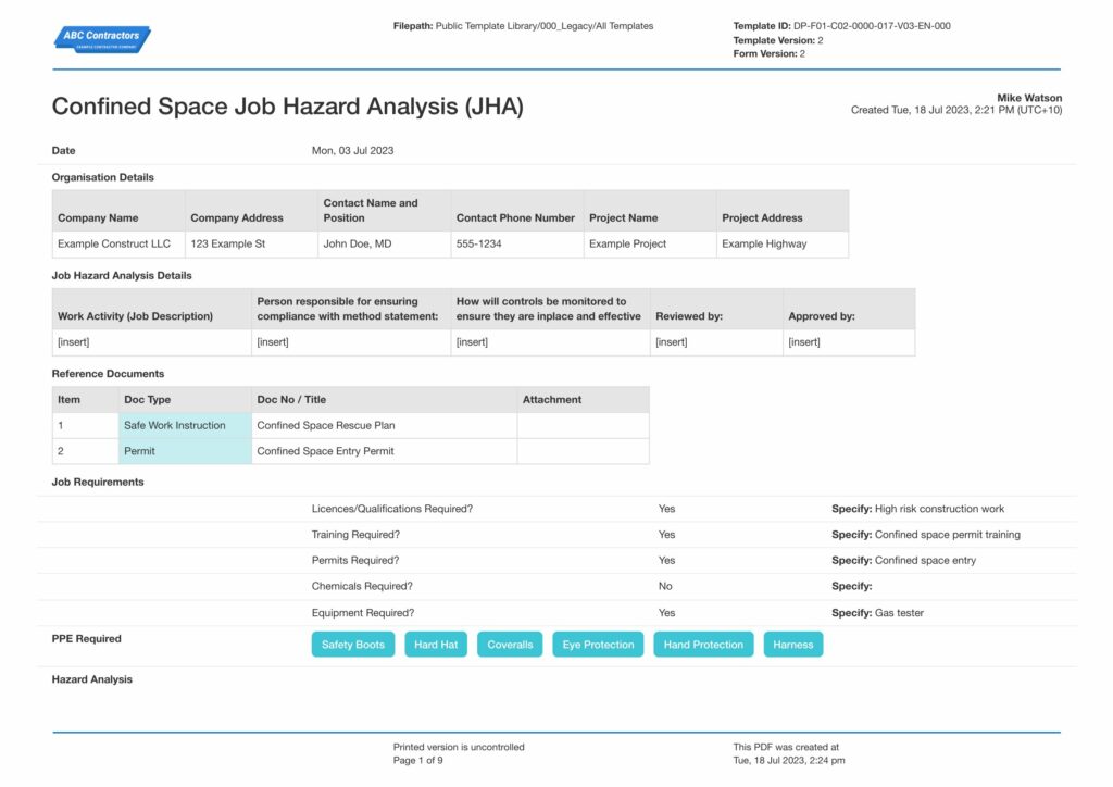Confined Space Job Hazard Analysis