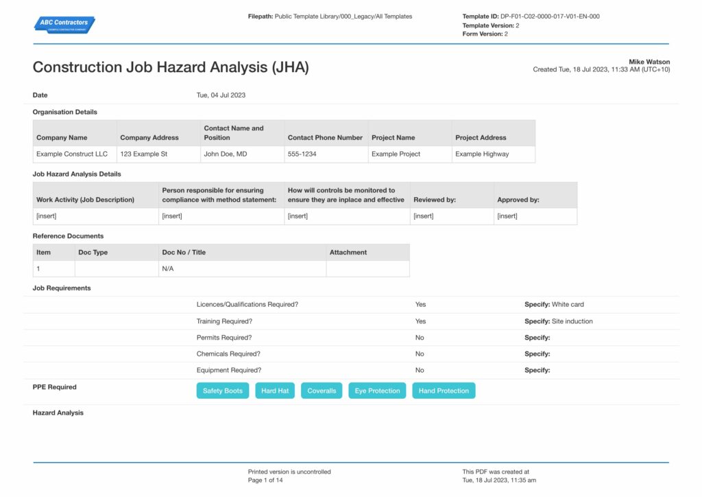 Construction Job Hazard Analysis