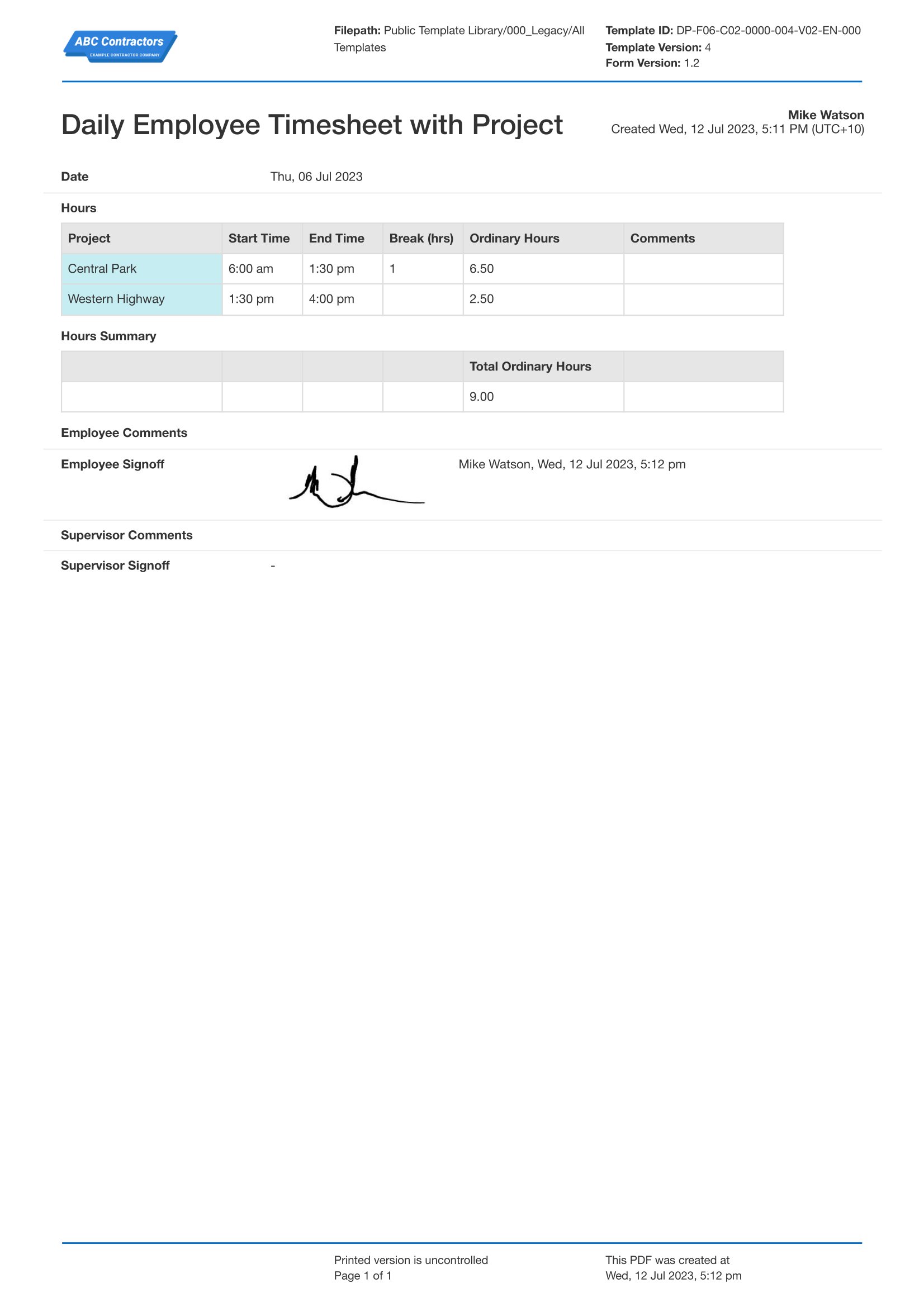 Daily construction timesheet template