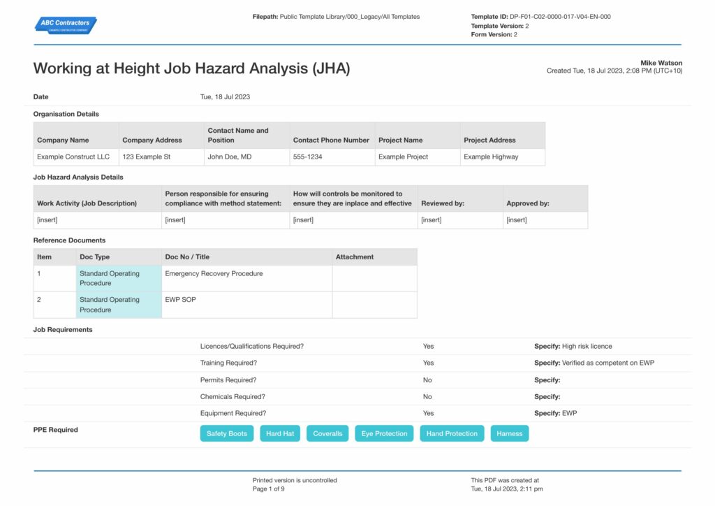 Job Hazard Analysis for working at height
