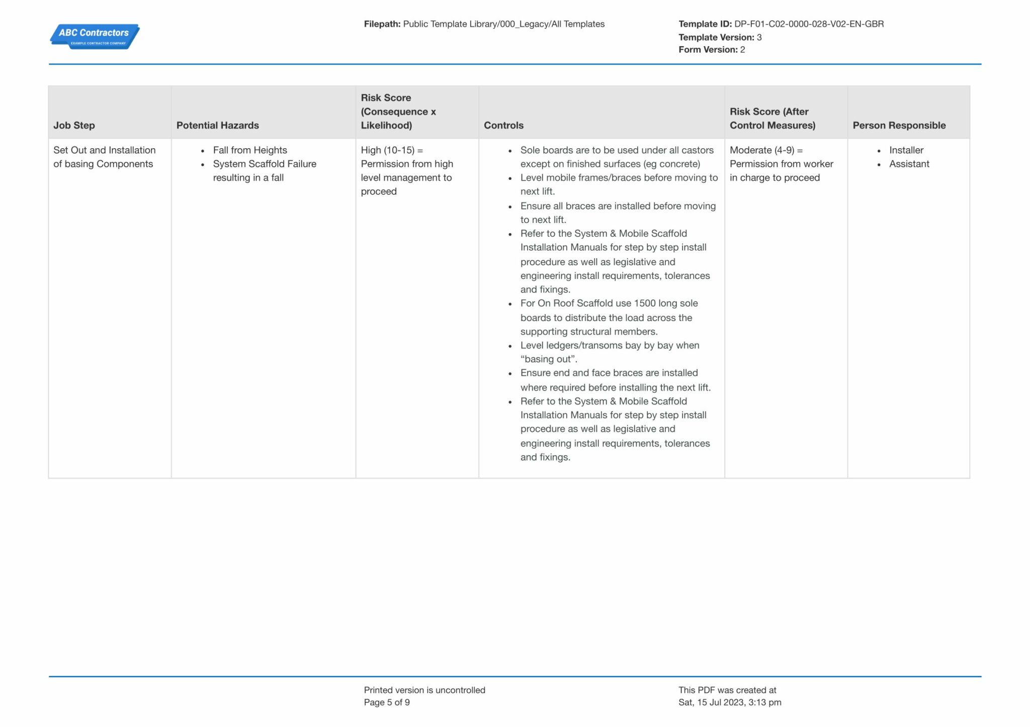 Typical Rams Example Scaffolding RAMS template: Reduce Scaffolding Risk