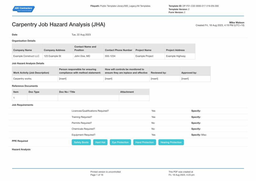 Job Hazard Analysis for Carpentry