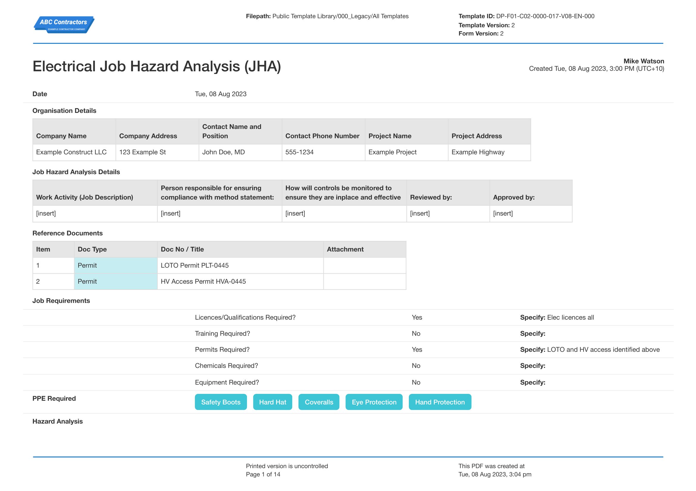 Job Hazard Analysis Electrical Template Use The Free Template