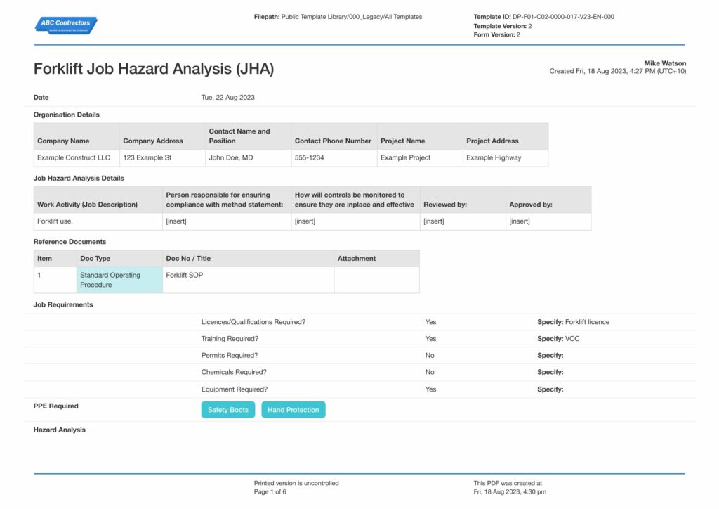 Forklift Job Hazard Analysis