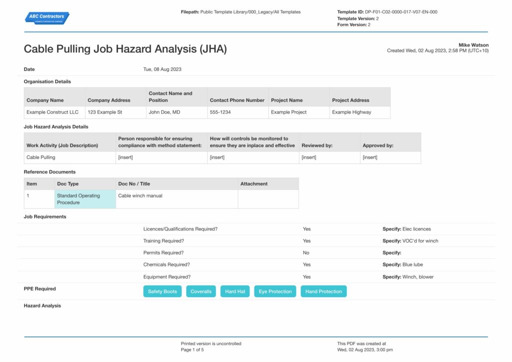 Job Hazard Analysis for cable pulling