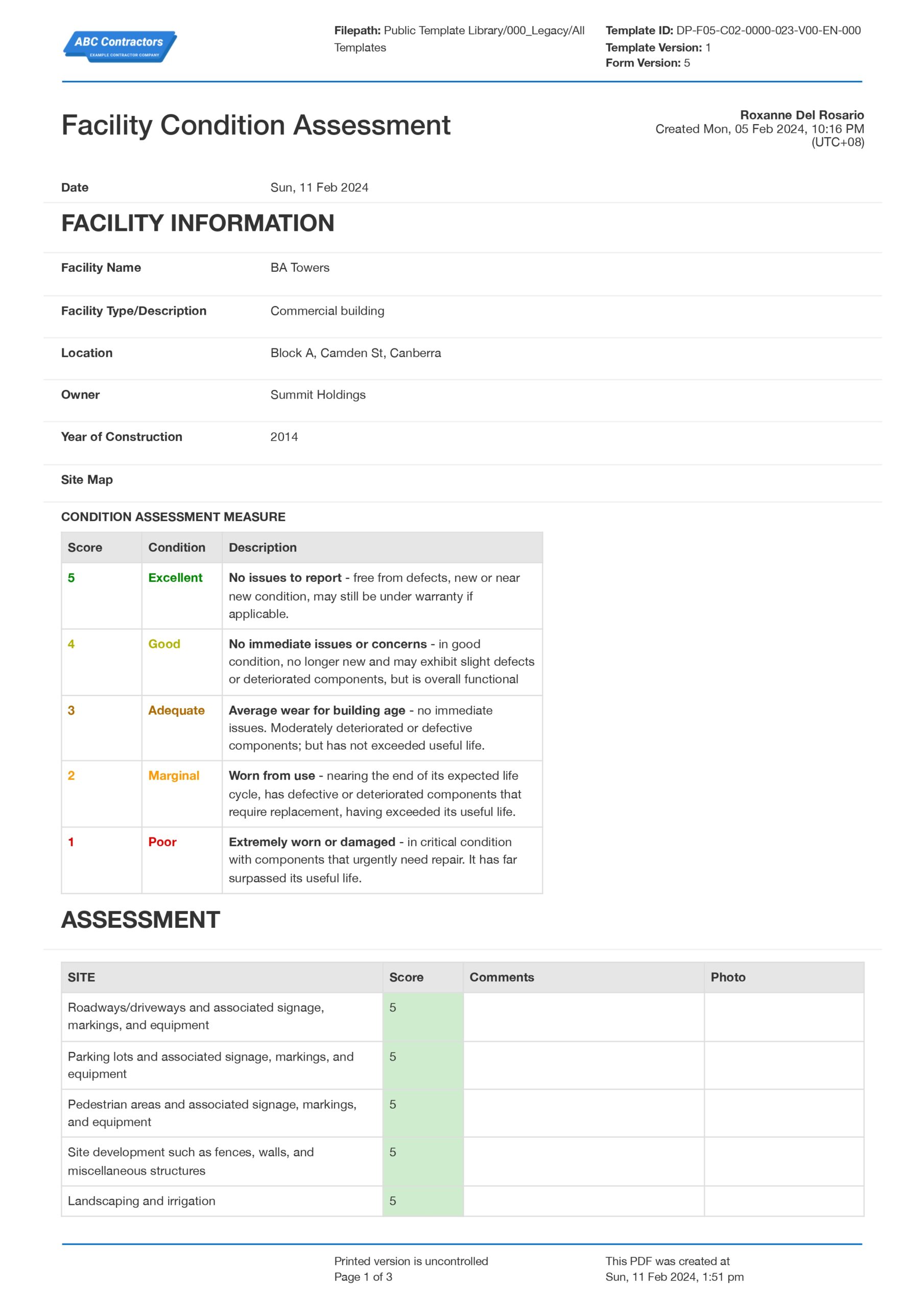 Facility condition assessment checklist