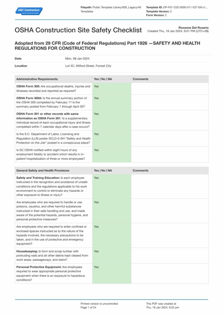 OSHA Construction Site Safety checklist template
