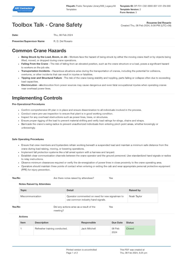 Crane Safety Toolbox Talk Template Free and Customisable