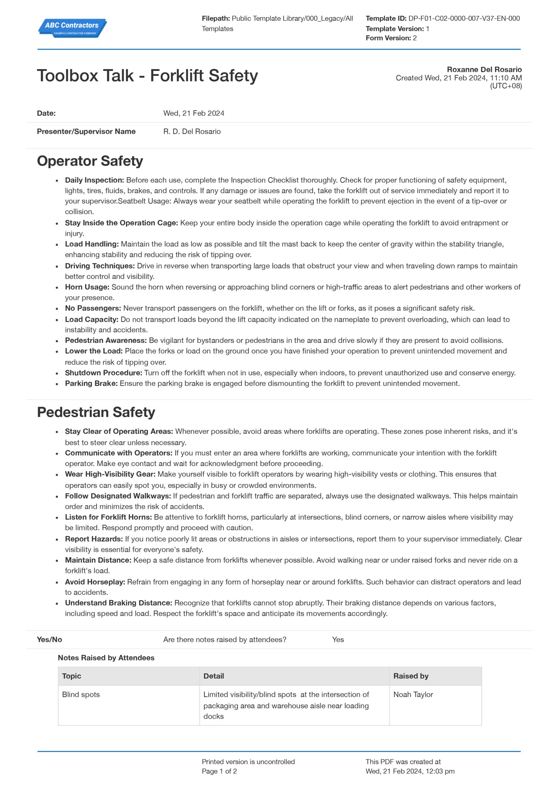 Toolbox talk forklift safety template