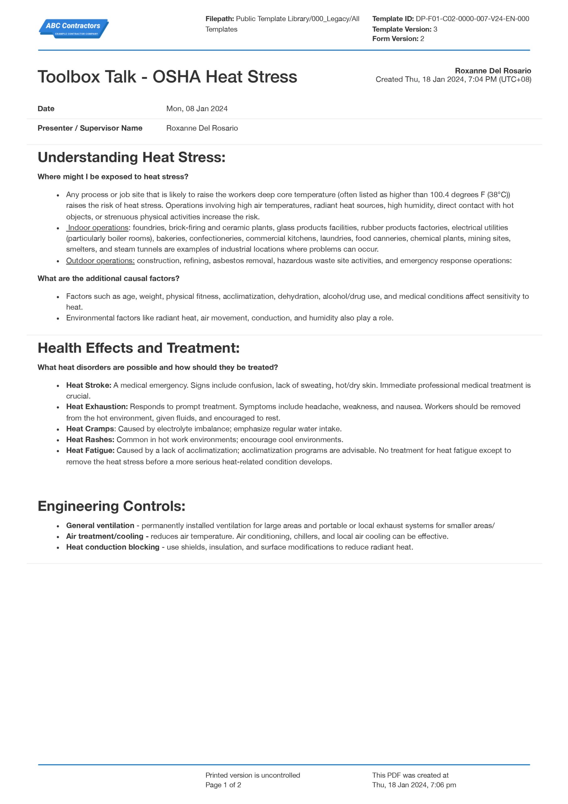 Toolbox Talk OSHA Heat Stress Template Free and Customisable