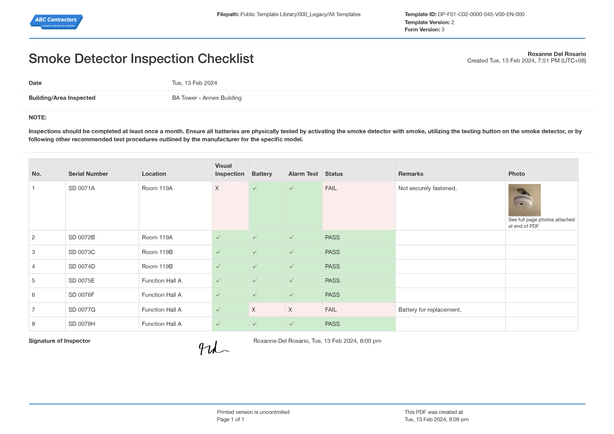 Smoke detector inspection checklist template