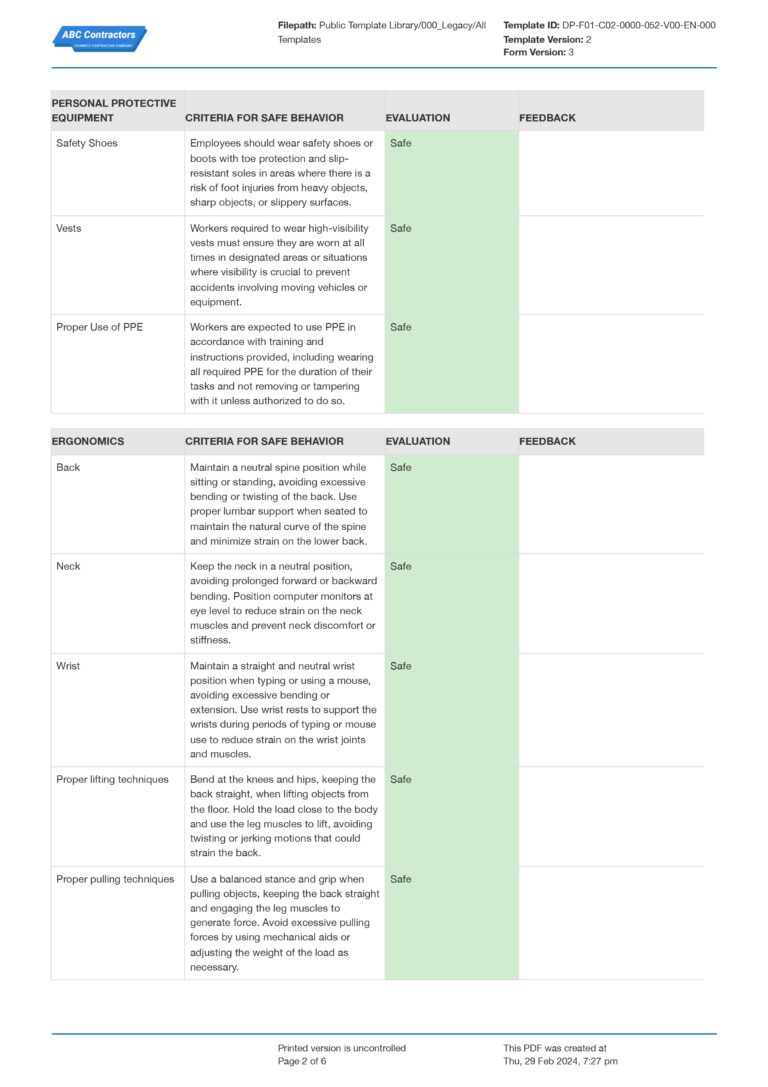 Examples of Behavior Based Safety Observations