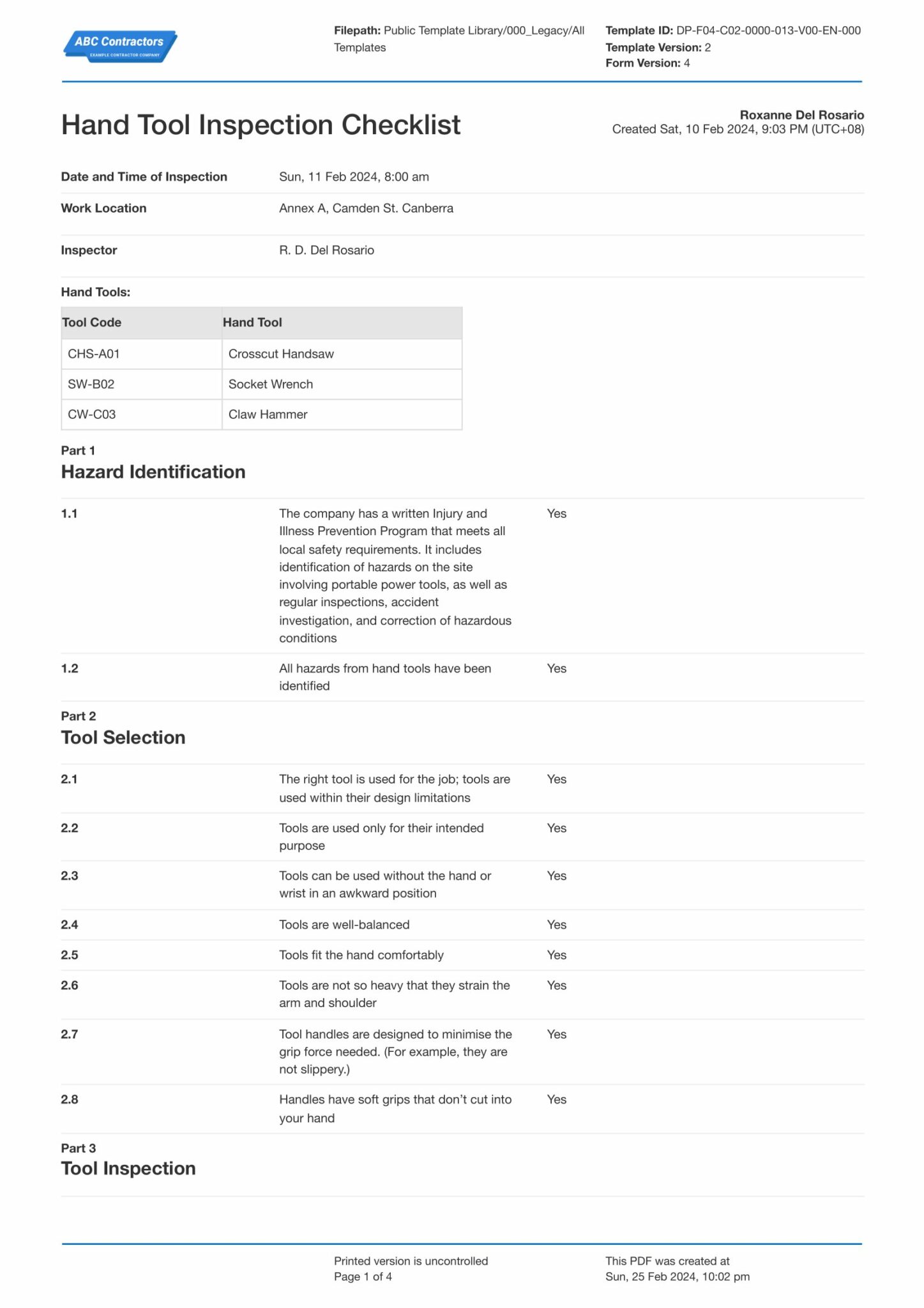 Hand Tool Inspection Checklist template use the free template