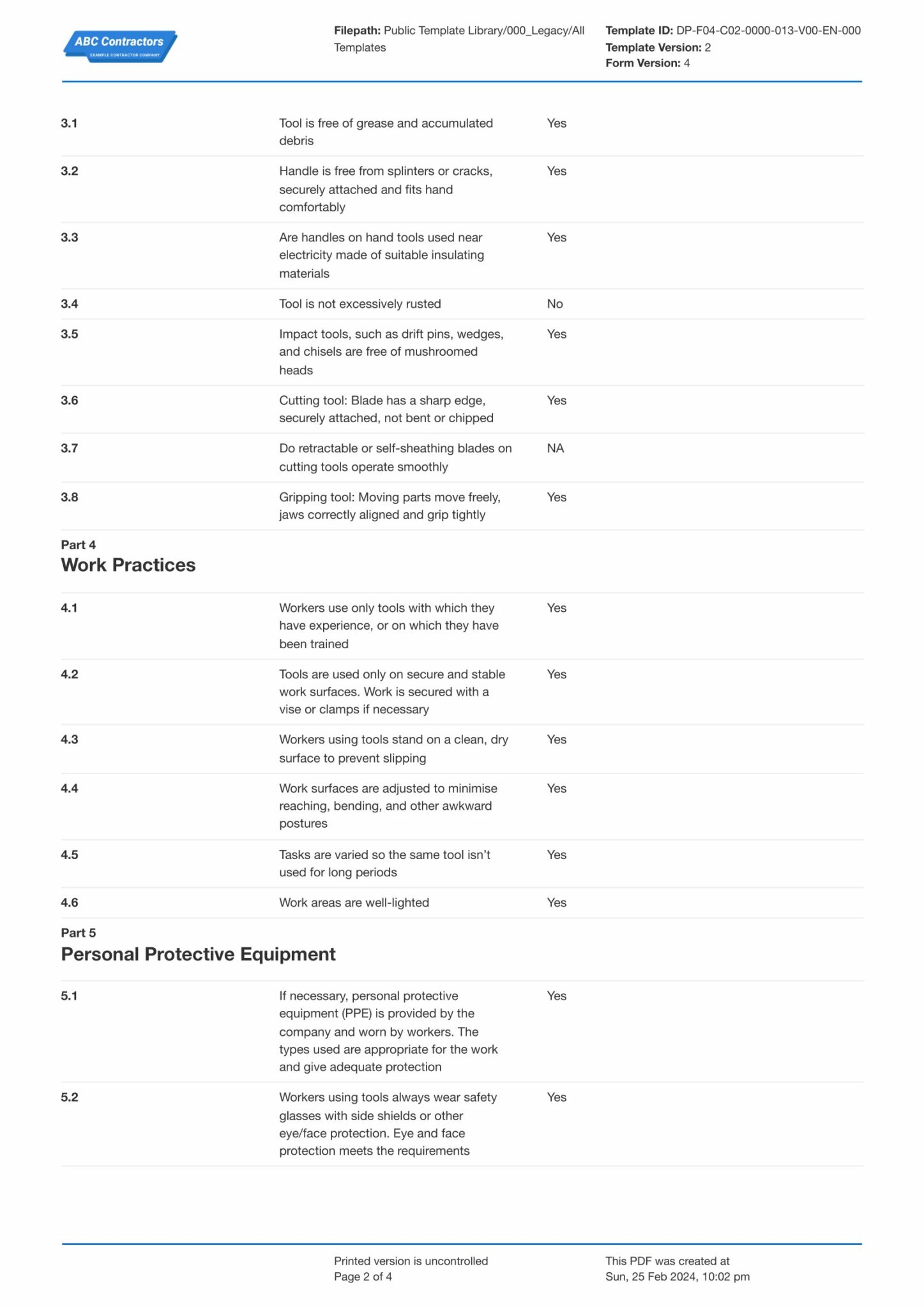 Hand Tool Inspection Checklist template use the free template