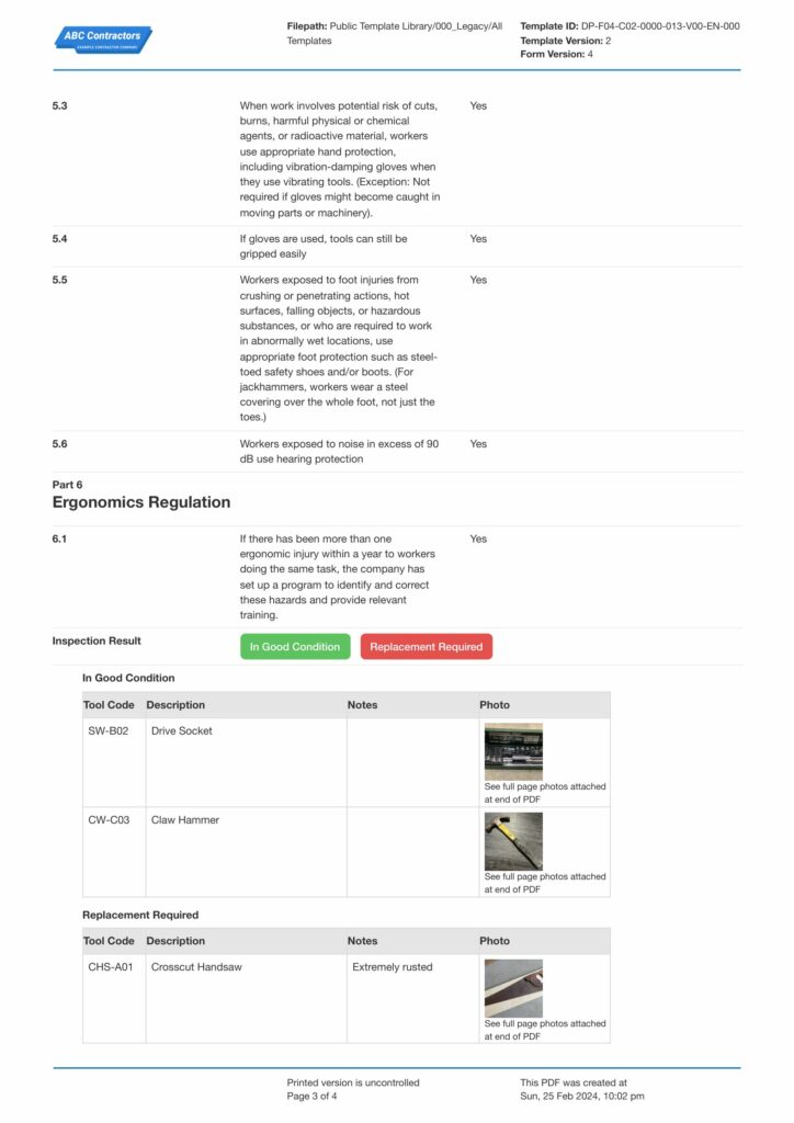 Hand Tool Inspection Checklist template