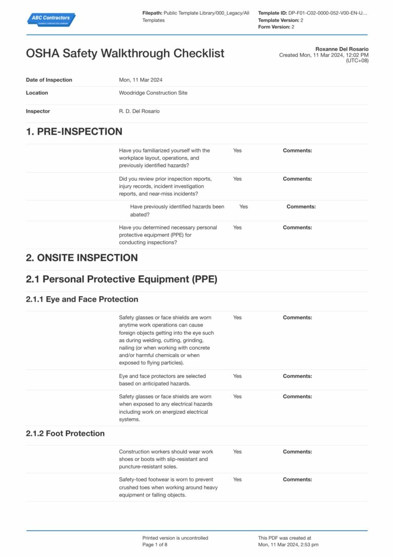 Osha safety walkthrough checklist template free to download