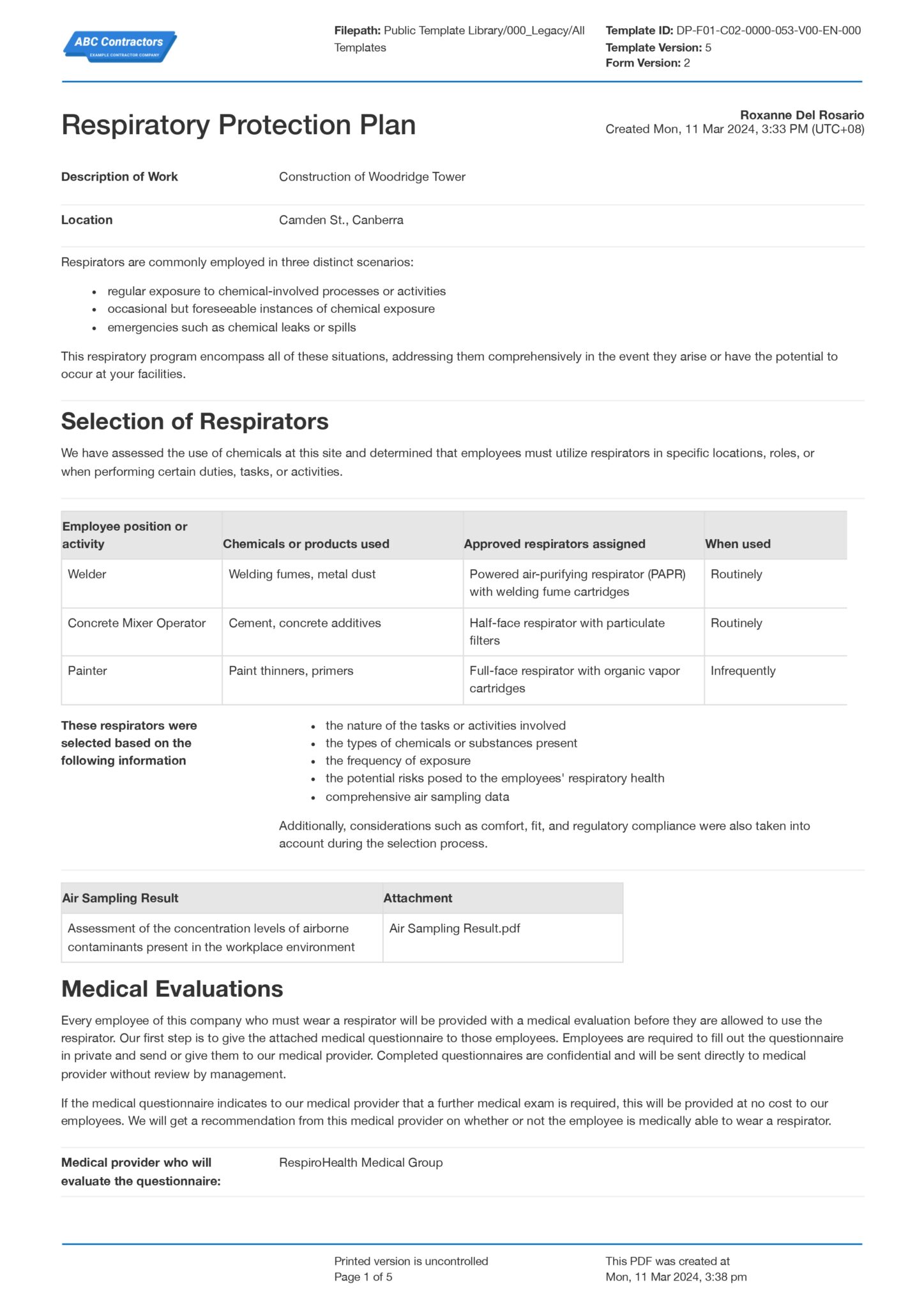 Respiratory Protection Program & Plan Template