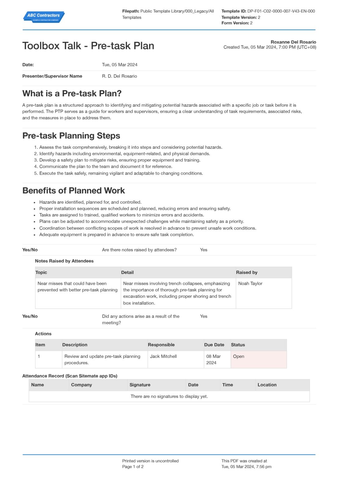 Toolbox talk pre task plan template free and editable