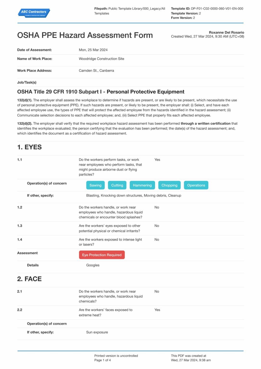 OSHA PPE Hazard Assessment Form Template OSHA PPE Hazard Assessment Form Template
