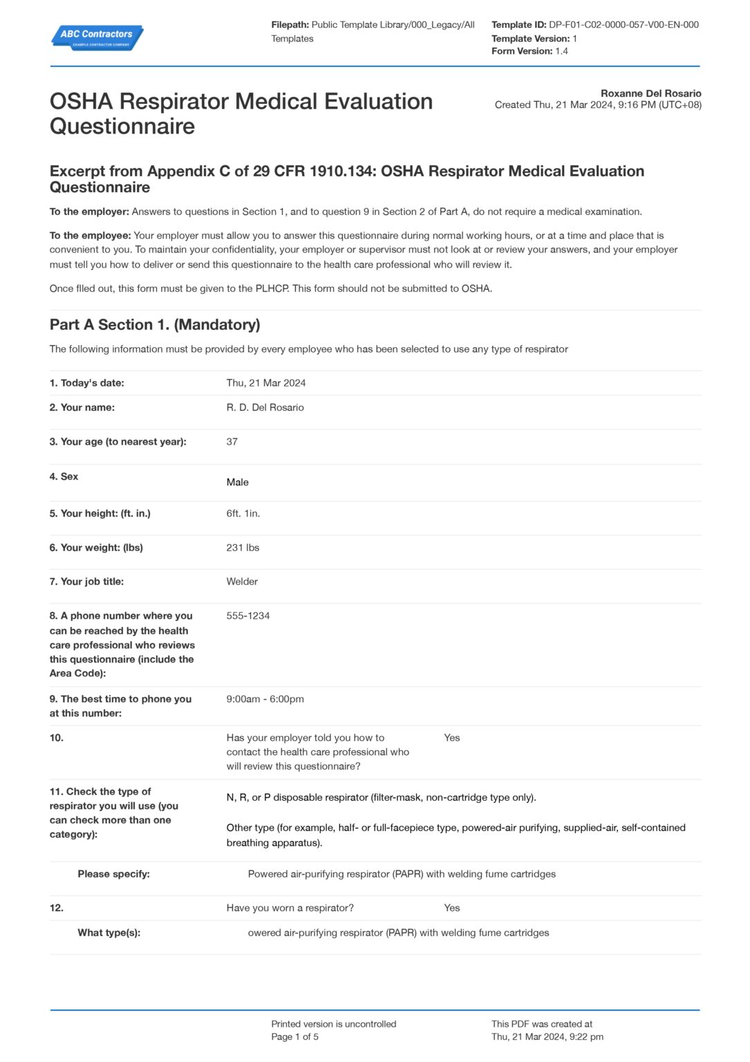 OSHA Respirator Medical Evaluation Questionnaire Form