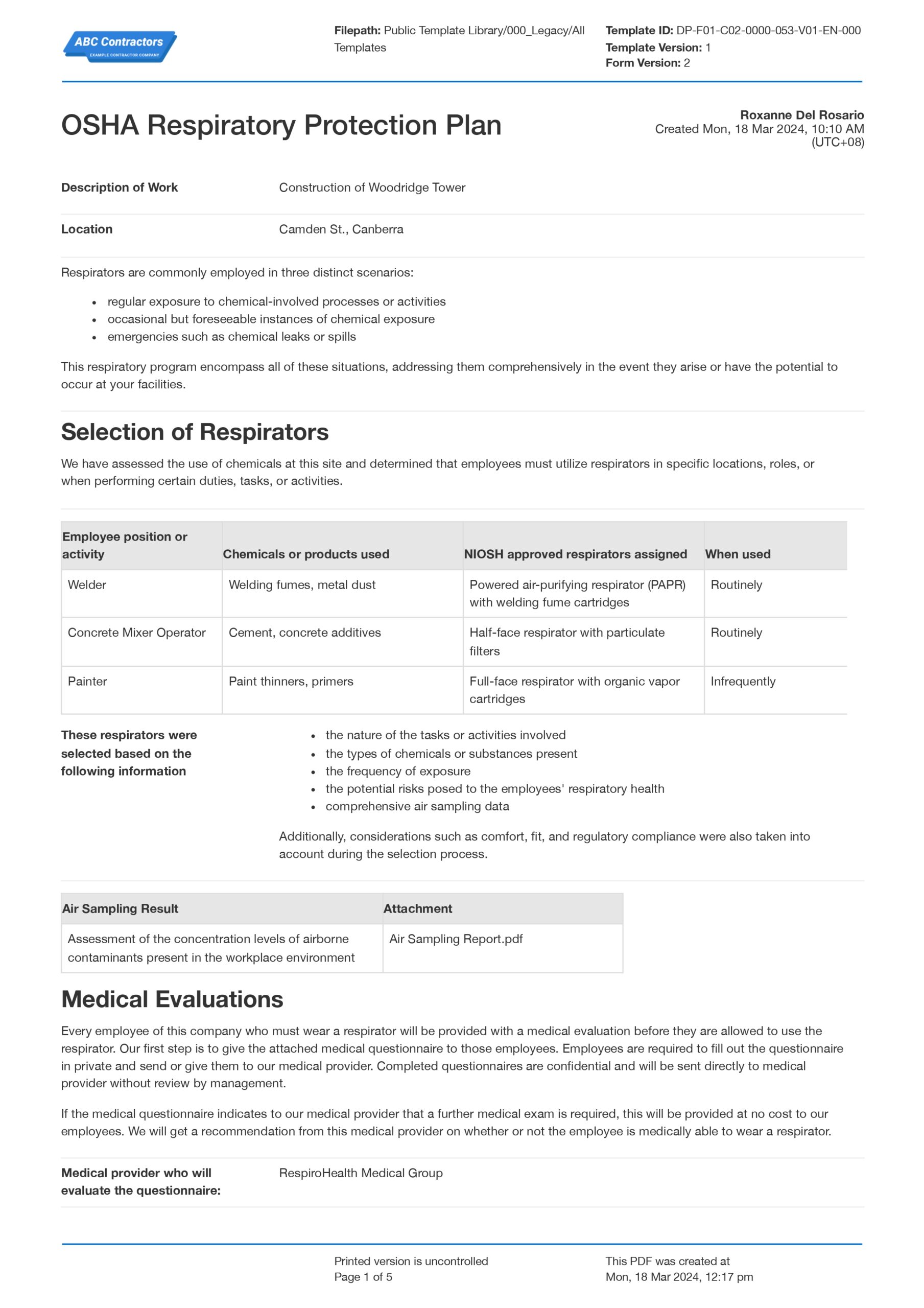 OSHA Respiratory Protection Program & Plan Template