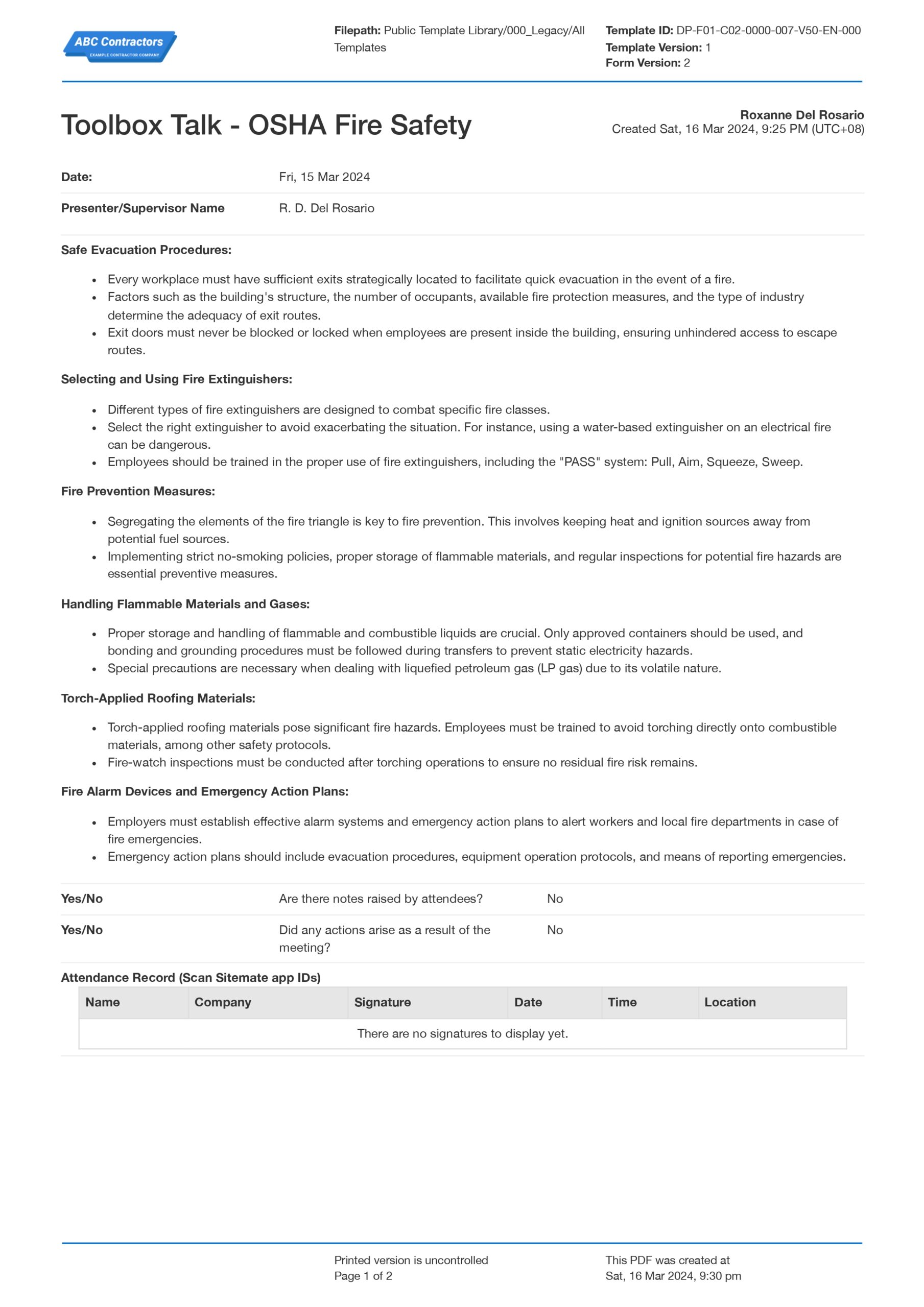 OSHA Fire Safety Toolbox Talk Download As PDF