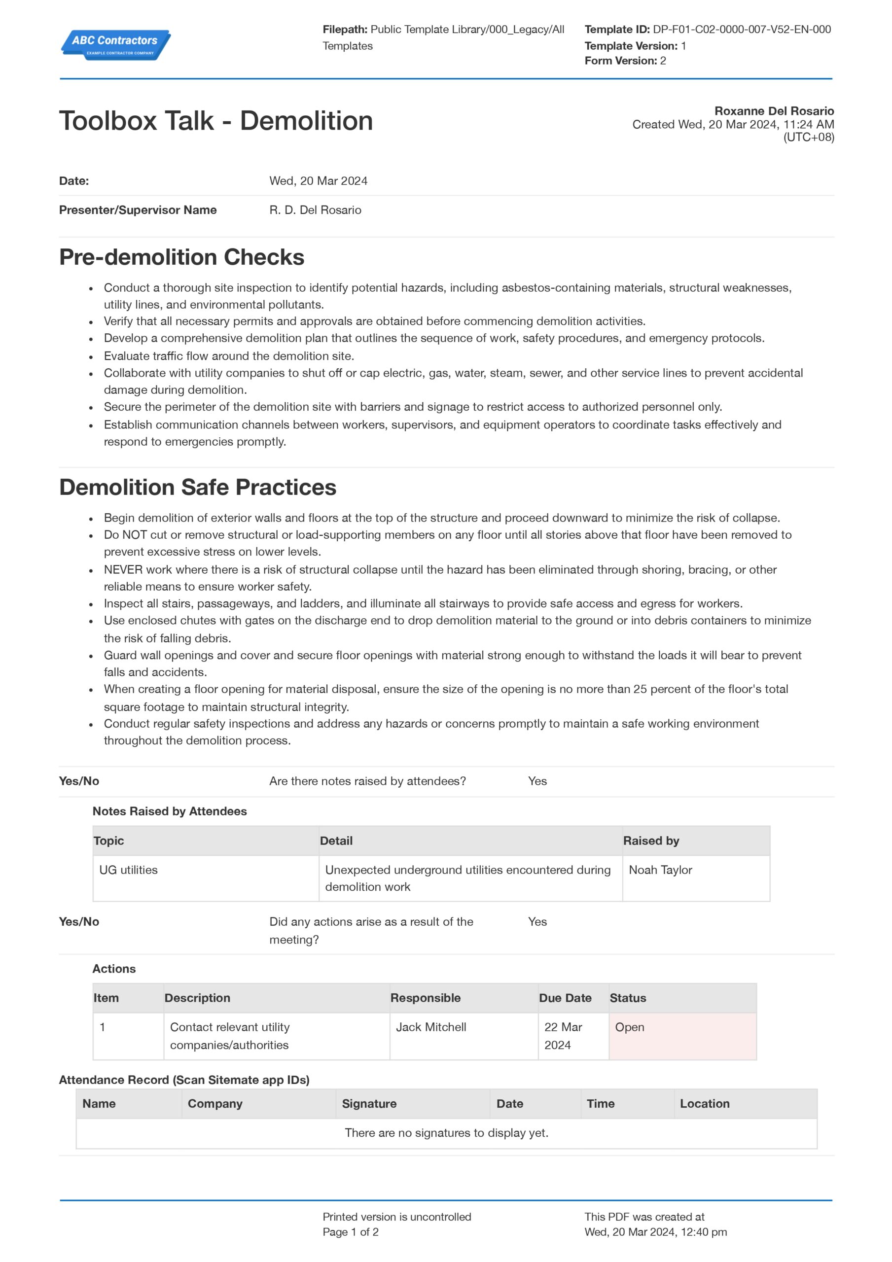 Demolition Safety Toolbox Talk Template Free And Customisable