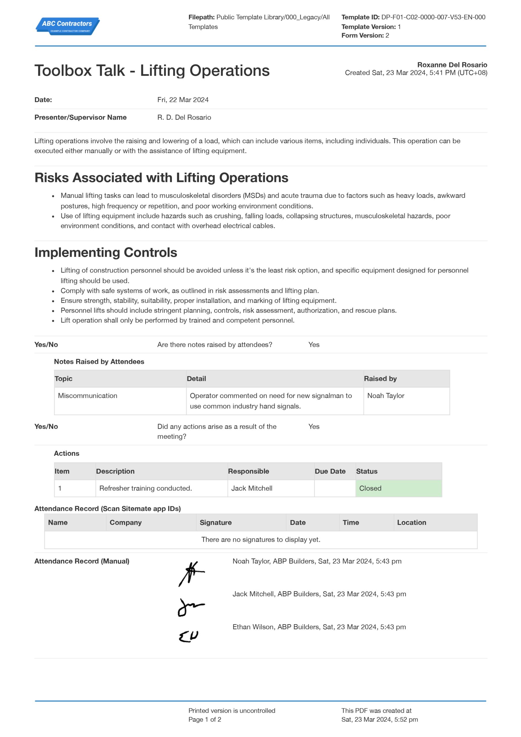 Toolbox talks lifting operations template