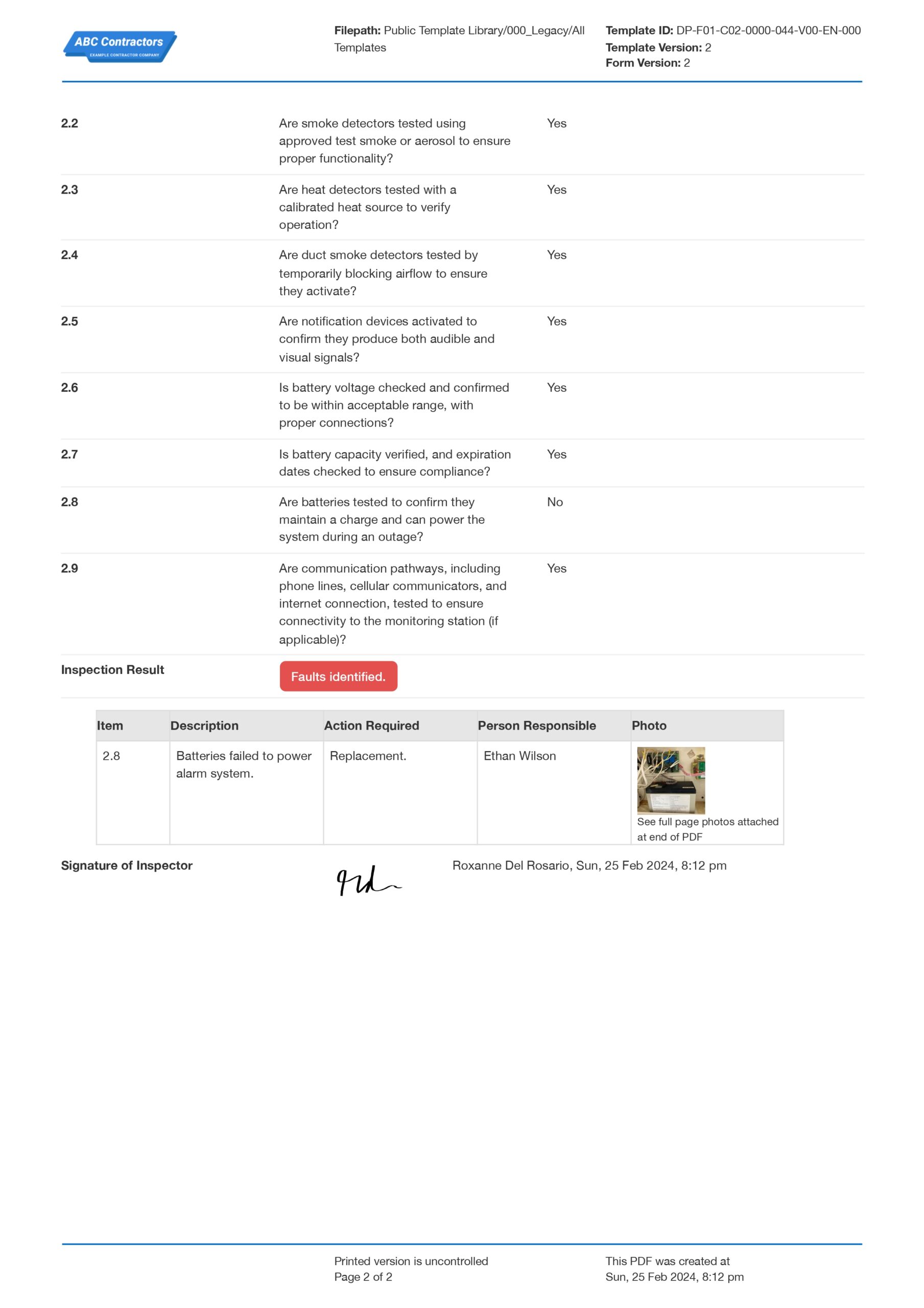 fire alarm inspection certificate template