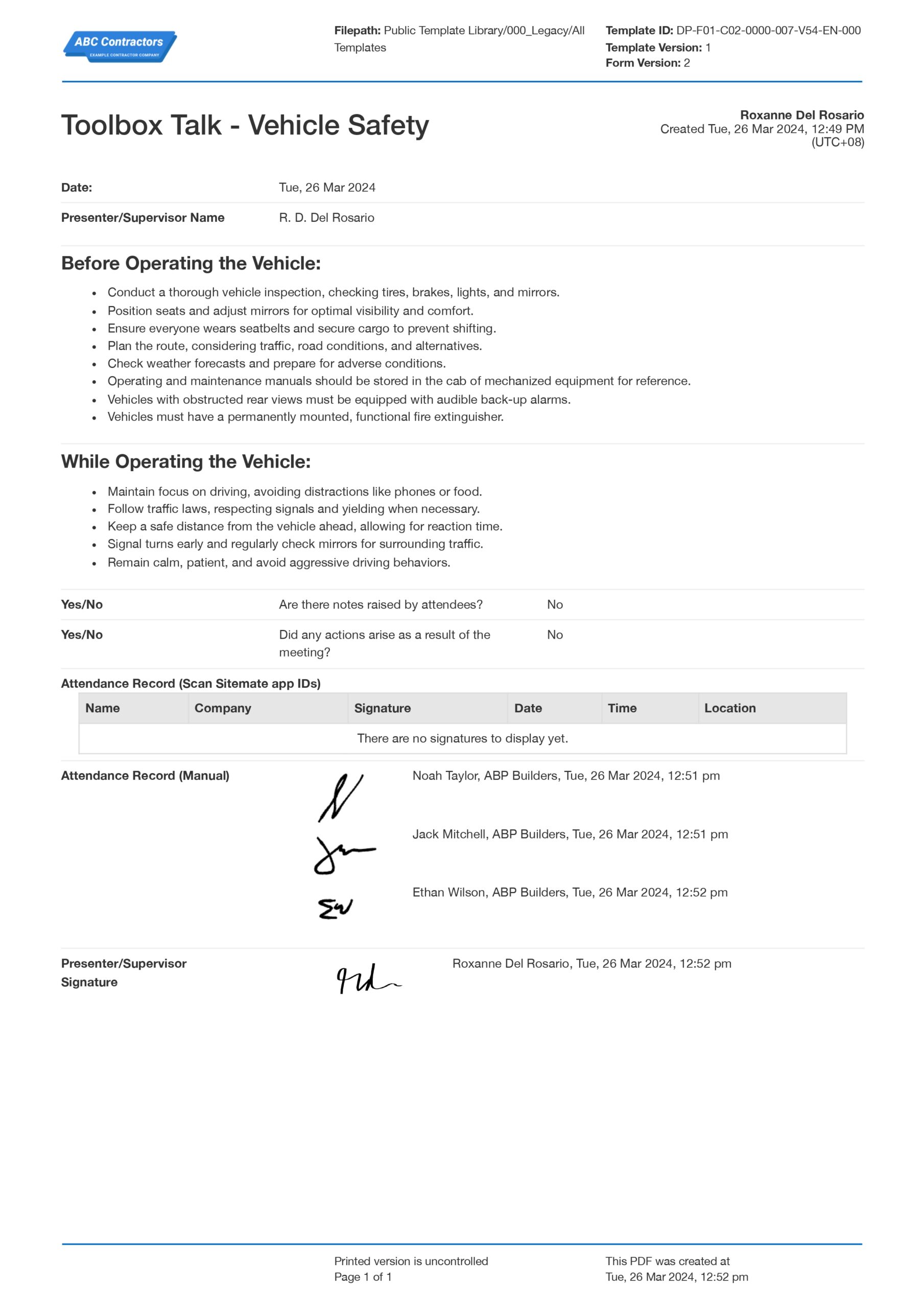 Toolbox Talk Vehicle Safety Template Free And Customisable
