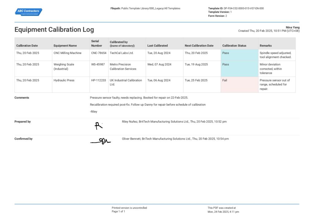 Equipment calibration log template