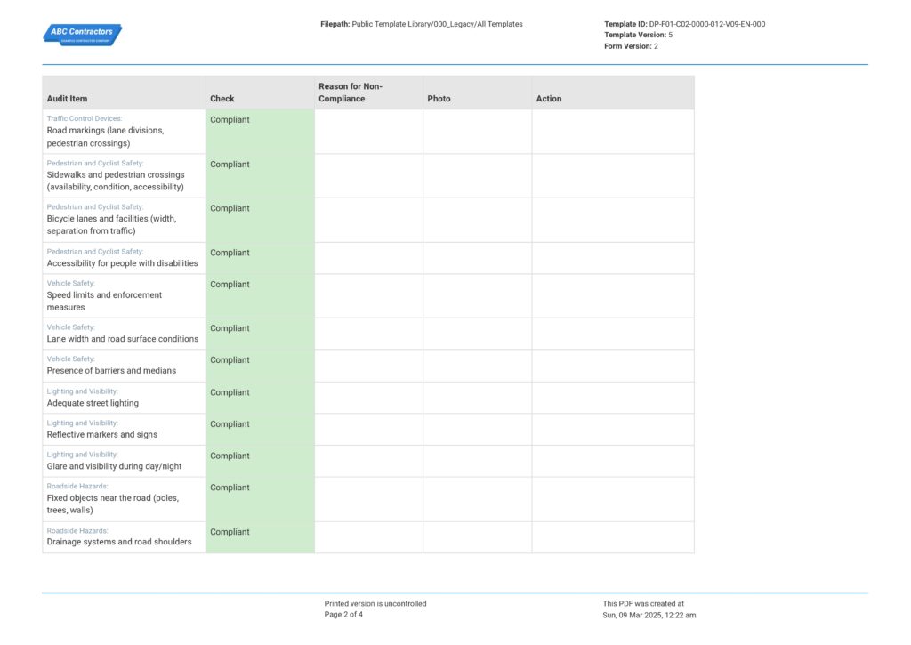 Road Safety Audit Checklist Template