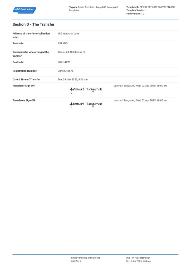 Duty of Care Waste Transfer Notes