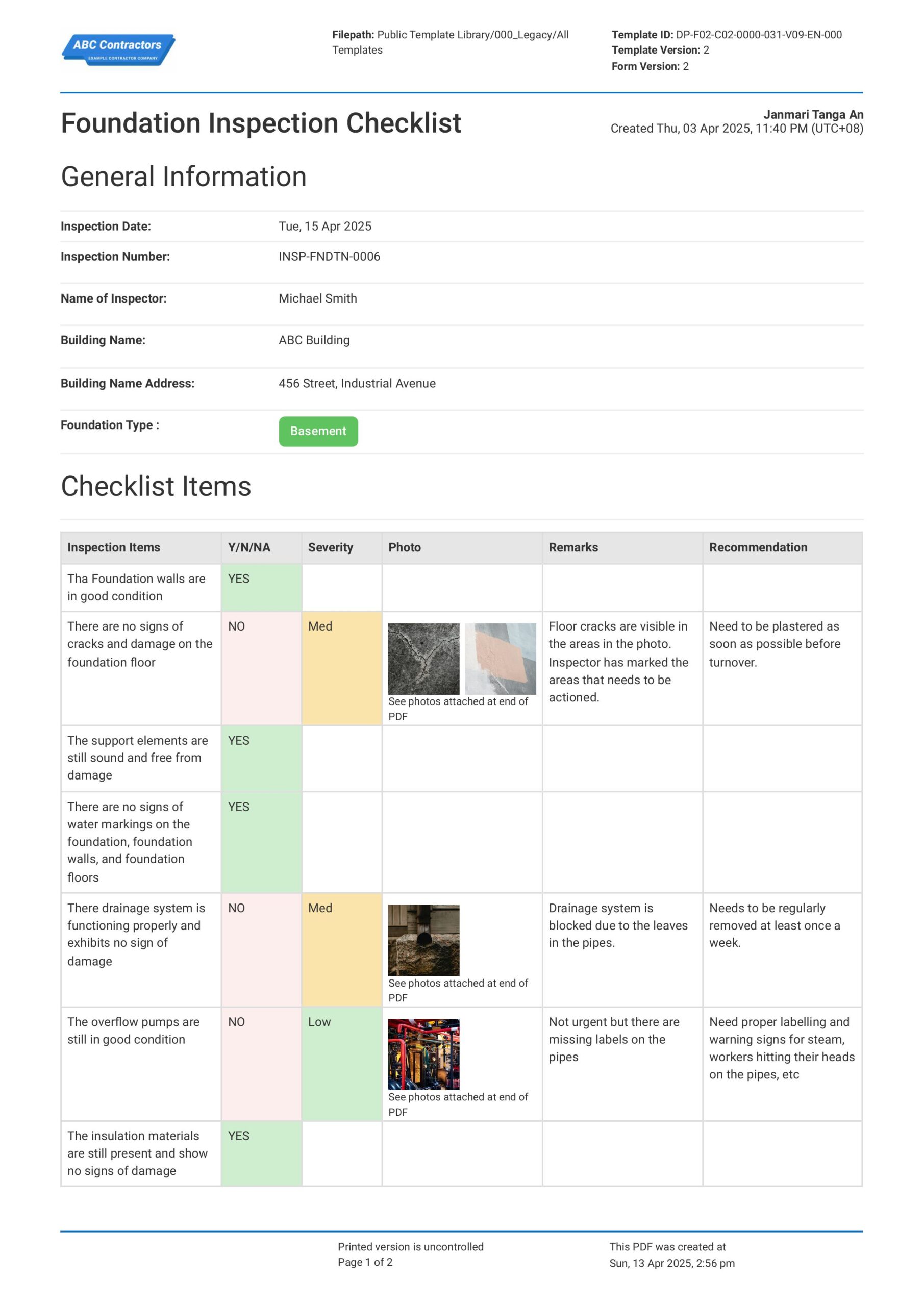 Foundation Inspection Checklist