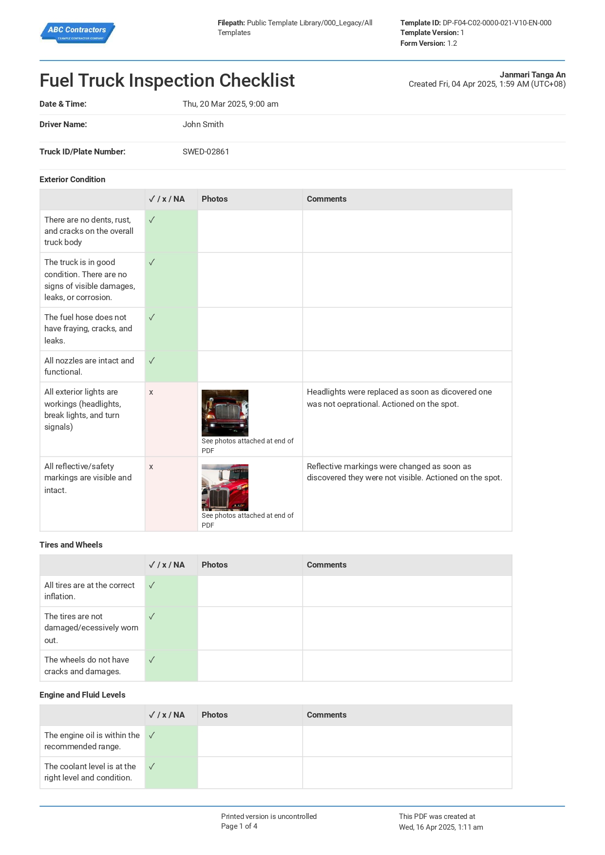 Fuel Truck Inspection Checklist sample PDF