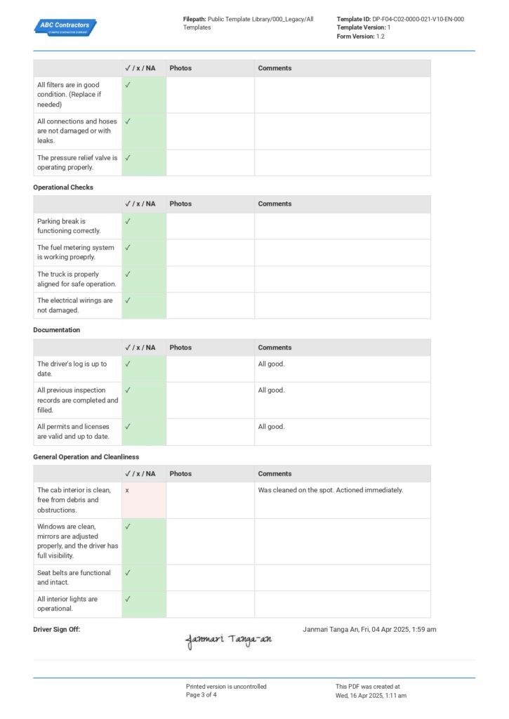 Fuel Truck Inspection Checklist