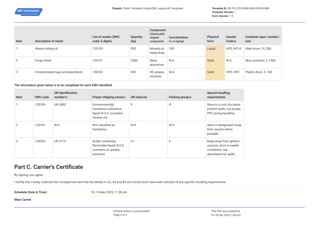 Hazardous Waste Consignment Note 2 Hazardous Waste Consignment Note example