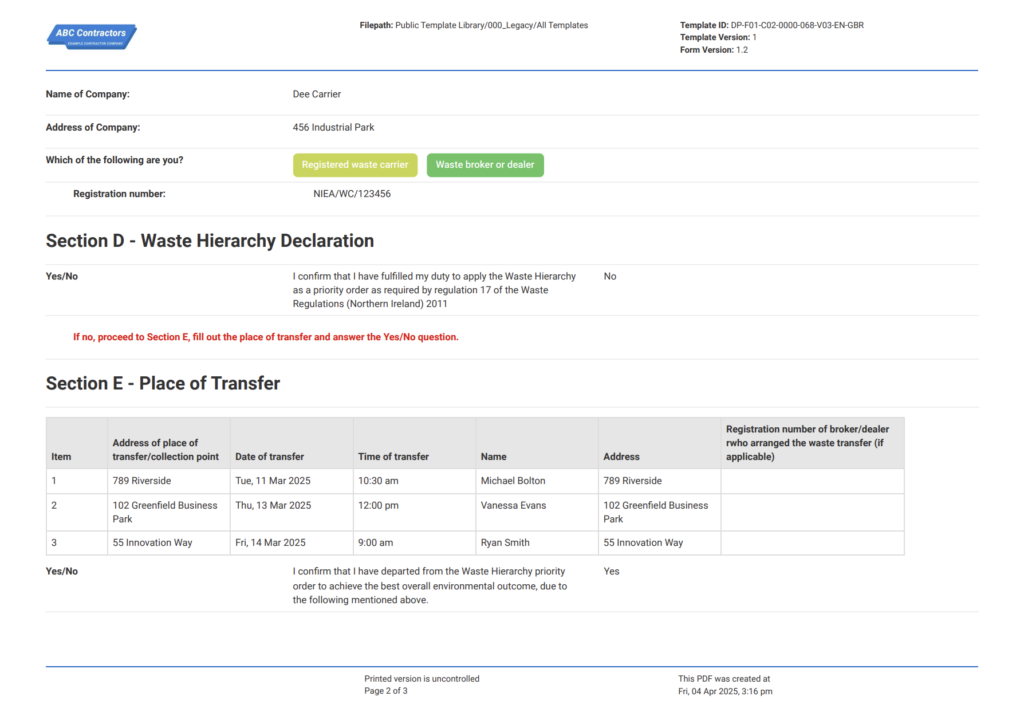 Hazardous Waste Transfer Note - Northern Ireland Environment Agency 2 Hazardous Waste Transfer Note - Northern Ireland Environment Agency 2