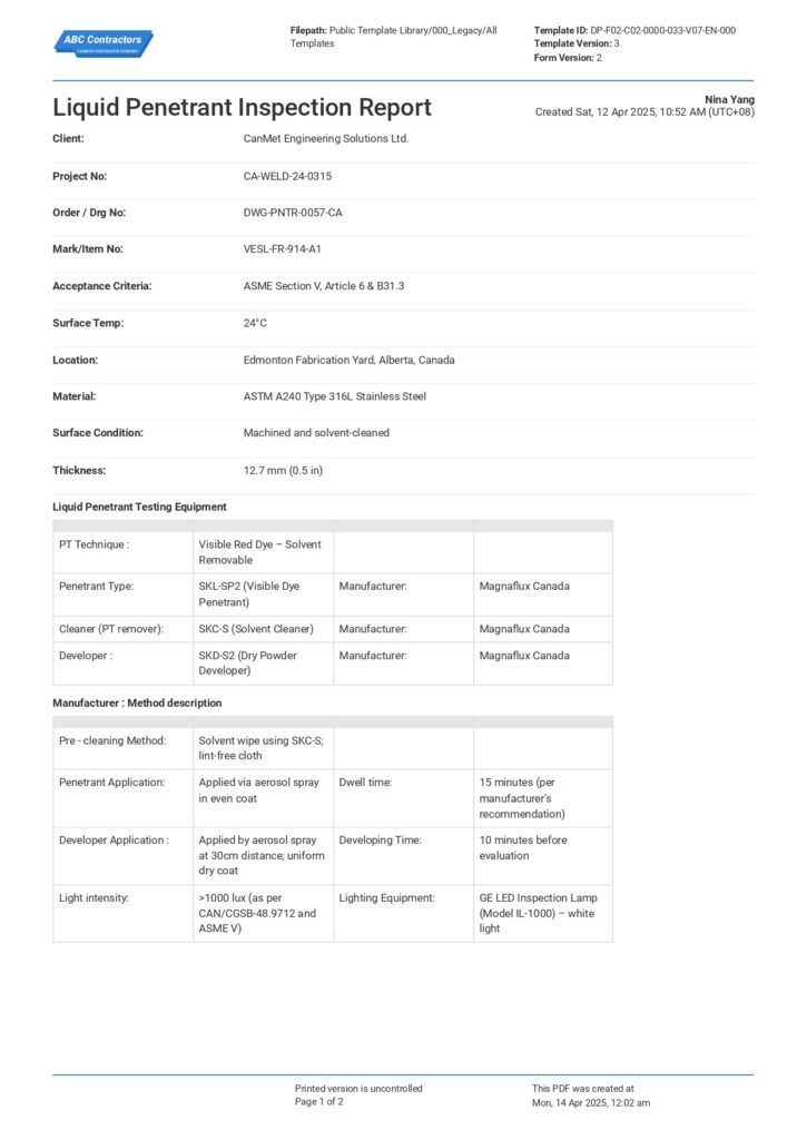 Liquid Penetrant Inspection Report