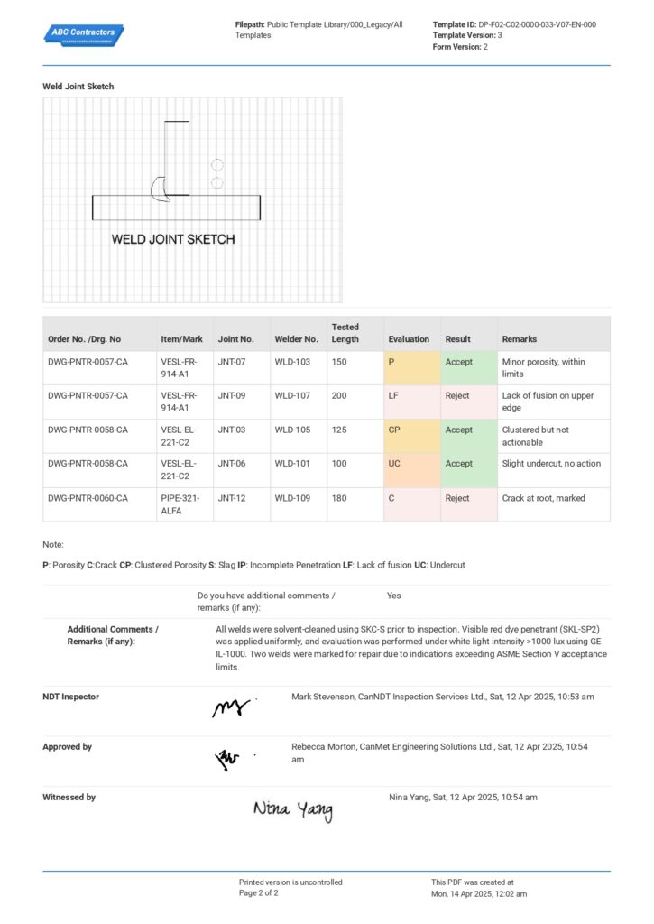 Liquid Penetrant Inspection Report Liquid Penetrant Inspection Report