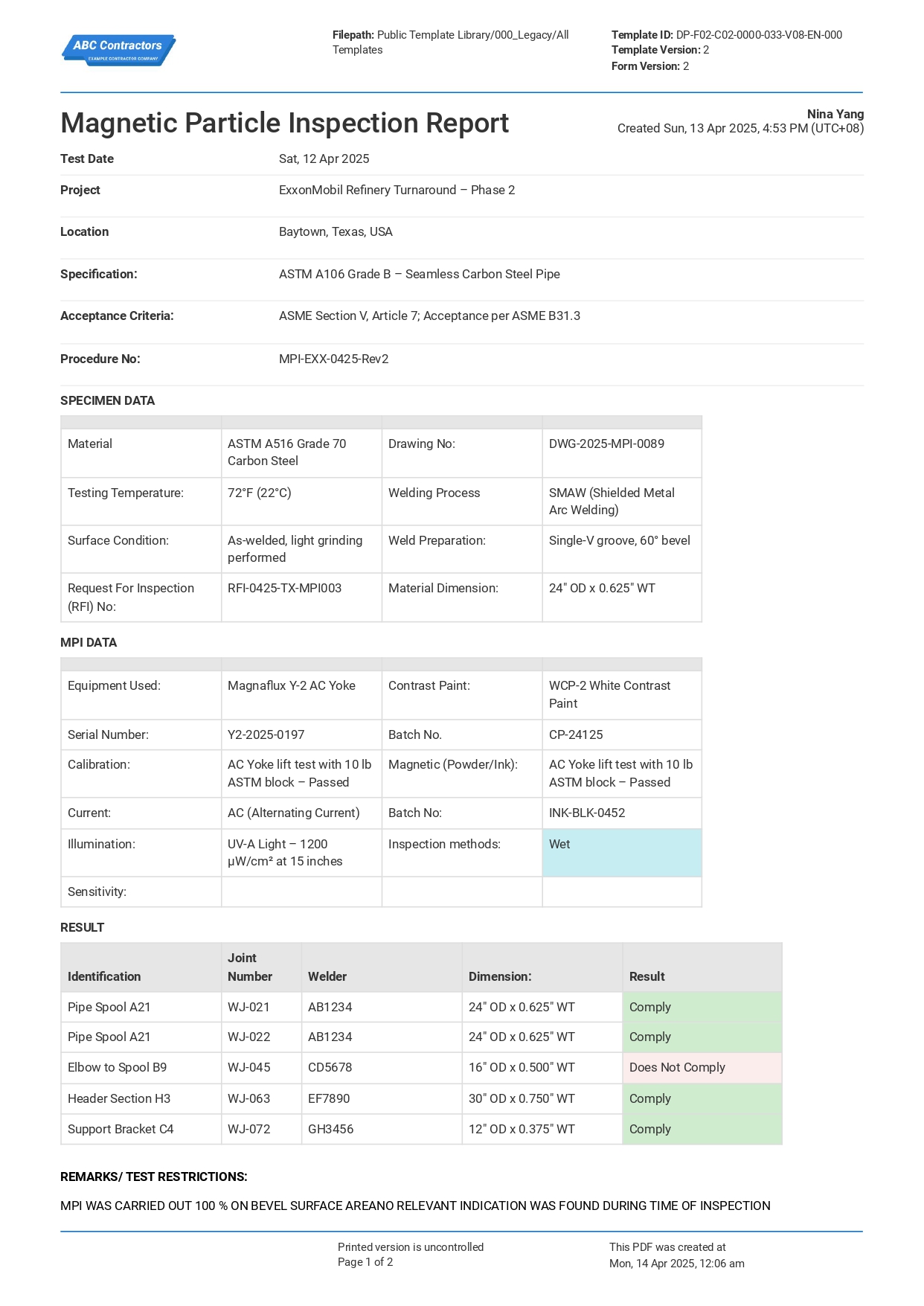Magnetic Particle Inspection Report sample PDF