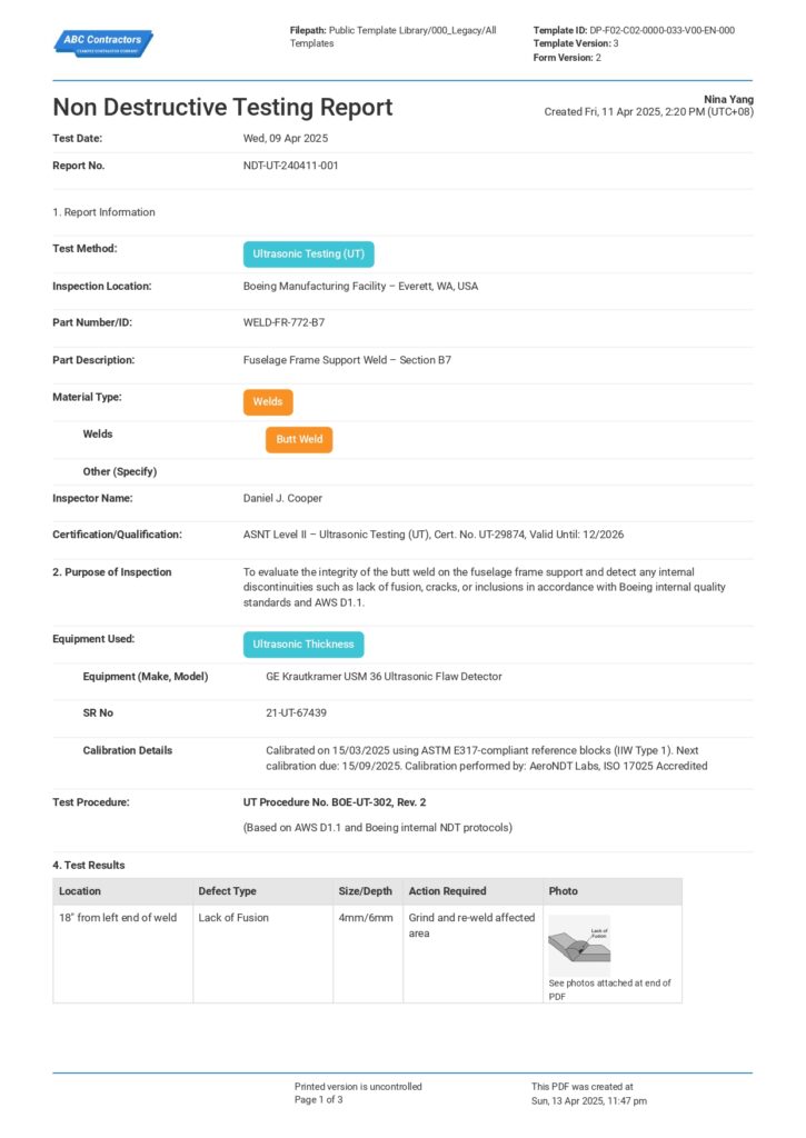 Non Destructive Testing Report