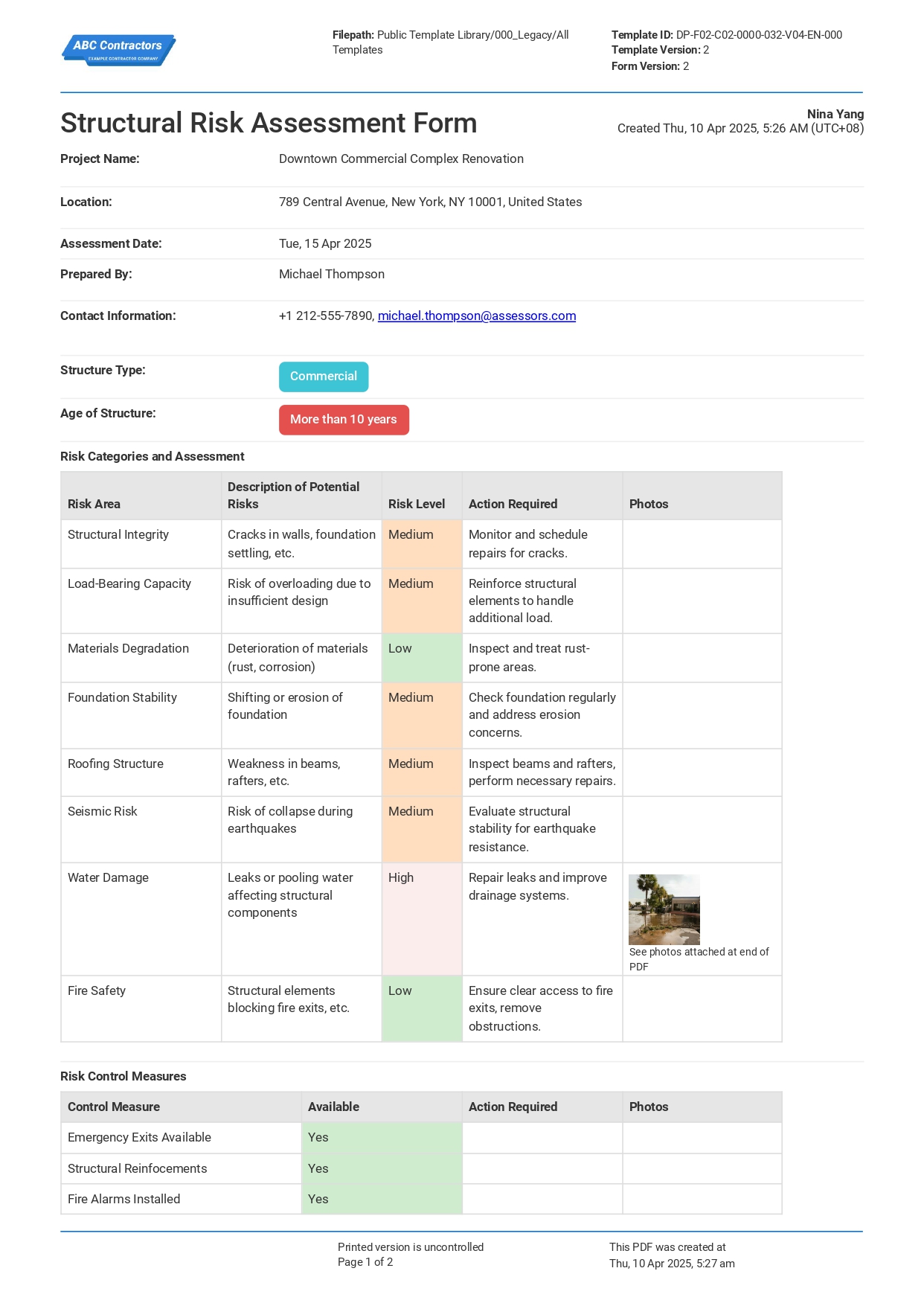 Structural Risk Assessment Form sample PDF