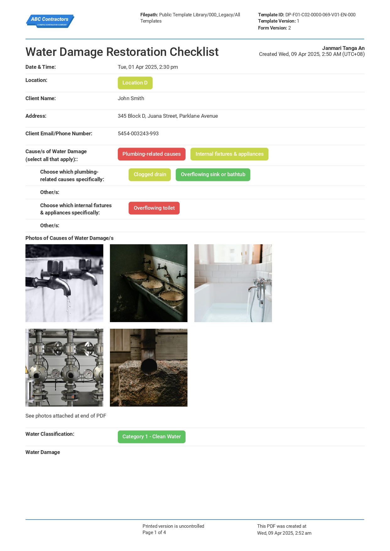 Water Damage Restoration Checklist sample PDF